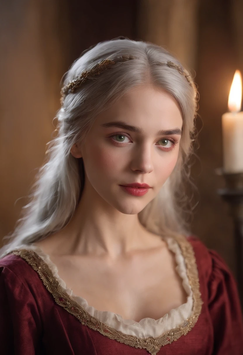 (((A deep red wound streaked across her left cheek))) Fair complexion, A woman around 19 years old, Natural gray hair, Unique green eyes, Wear Cole, Slender and graceful, Beautiful, Candlelight in a medieval setting, super sharp focus, realistic lens, Medieval women's clothing, Four colors (Scar:1.4)