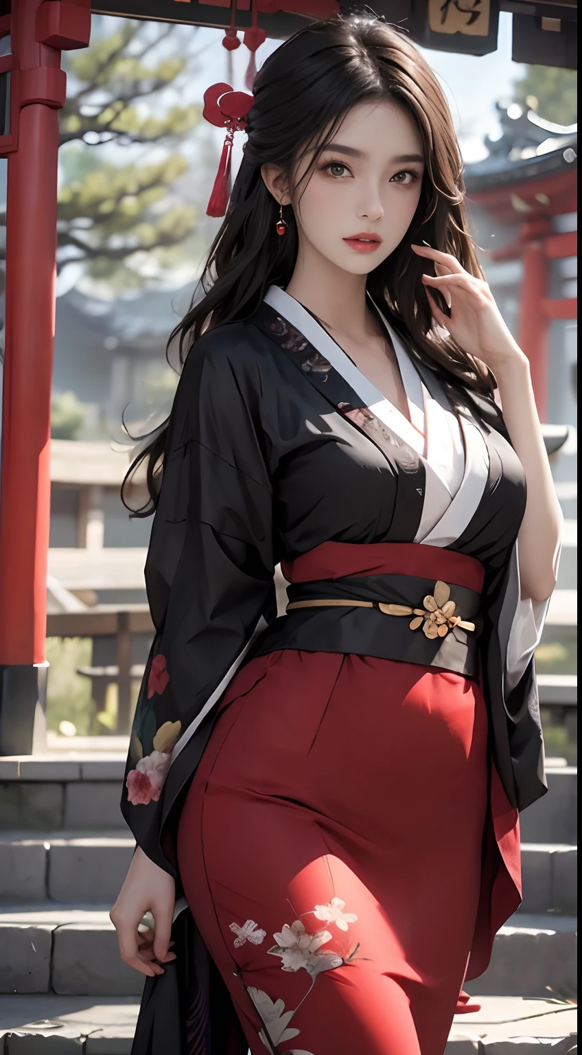 Japanese landscape、Wearing a black kimono、cherryblossom、Unreal Engine:1.4,nffsw,best qualtiy:1.4, Photorealista:1.4, Skin Texture:1.4, ​masterpiece:1.8, 1 Women, hips up high, beautidful eyes, The long-haired, Ringed Eyes, jewely, The tattoo, Kimono