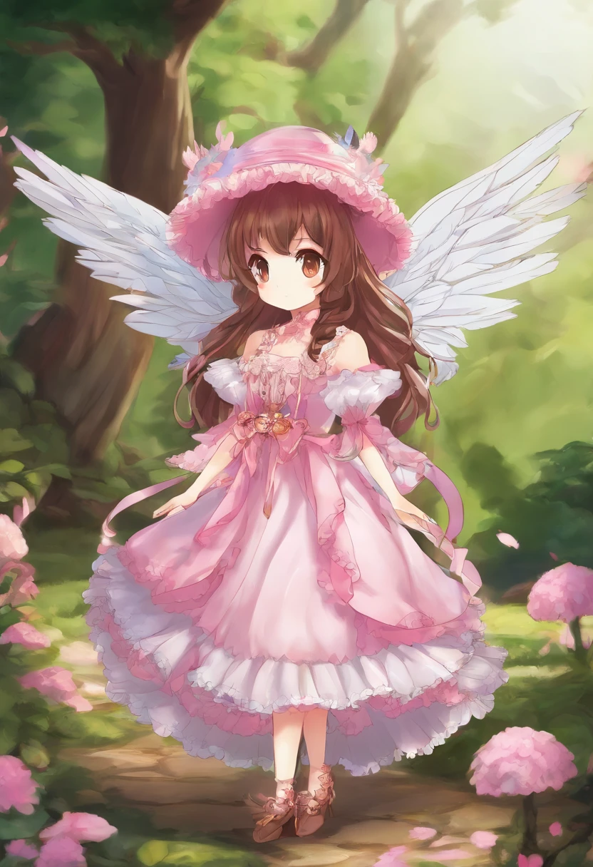 Anime girl with wings and pink dress and hat, Lori, style of maple story, touhou character, Chibi, jellyfish shrine maiden 8k,, wearing angel halo, full - body majestic angel, frilly outfit, visual novel sprite, from touhou, small curvy loli, wearing angel, fantasy outfit,Long straight brown hair,Black Mary Jane Shoes,Hat with ribbon and lace