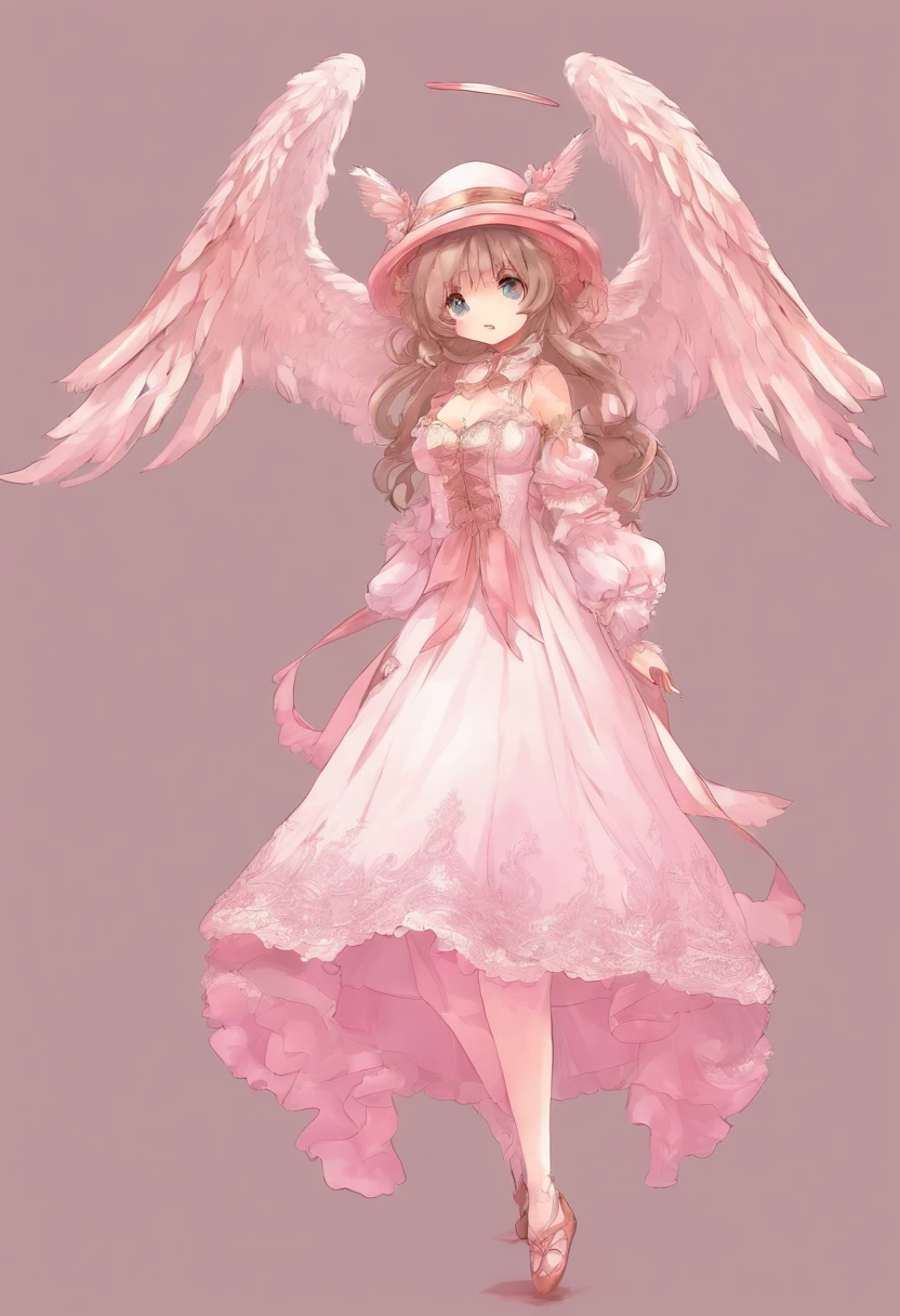 Anime girl with wings and pink dress and hat, Lori, style of maple story, touhou character, Chibi, jellyfish shrine maiden 8k,, wearing angel halo, full - body majestic angel, frilly outfit, visual novel sprite, from touhou, small curvy , wearing angel, fantasy outfit,Long straight brown hair,Black Mary Jane Shoes,Hat with ribbon and lace
