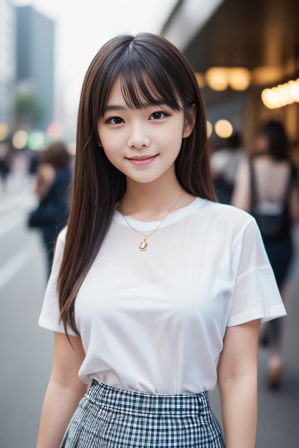 (8K、Raw photography、top-quality、masterpiece:1.2)、(masterpiece,top-quality,超A high resolution),A Japanese Lady, Kawaii Girl、beautifull detailed face,View photographer、,extremely detailed eye and face, Sharp pupils, Natural makeup,slick hair, Professional Lighting,Happy smile、lipgloss、(((Very cute 12 year old girl)))、(((Everyday clothes、checked skirt)))、(In front of the station)