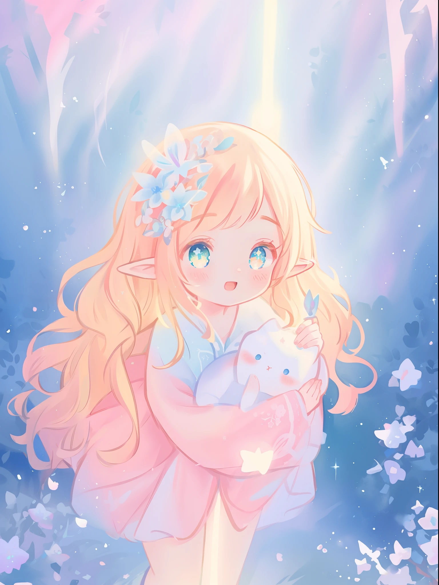 beautiful girl in white elven dress, elven princess, elf ears, princess, white crown of vines and flowers, vibrant pastel colors, (colorful), magical lights, red and gold long wavy hair, sparkling lines of light, inspired by Glen Keane, inspired by Lois van Baarle, disney art style, by Lois van Baarle, glowing aura around her, by Glen Keane, jen bartel, glowing lights! digital painting, flowing glowing hair, glowing flowing hair, beautiful digital illustration, fantasia background, whimsical, magical, fantasy, beautiful face, ((masterpiece, best quality)), intricate details, highly detailed, sharp focus, 8k resolution, sparkling detailed eyes, liquid watercolor