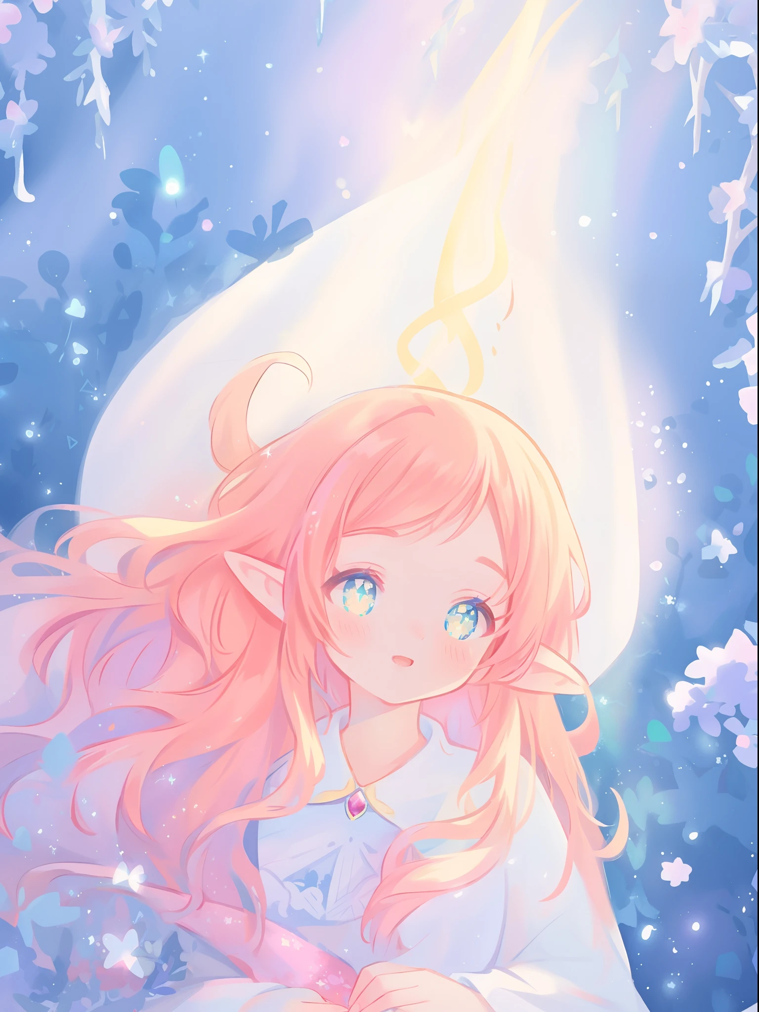 beautiful girl in white elven dress, elven princess, elf ears, princess, white crown of vines and flowers, vibrant pastel colors, (colorful), magical lights, red and gold long wavy hair, sparkling lines of light, inspired by Glen Keane, inspired by Lois van Baarle, disney art style, by Lois van Baarle, glowing aura around her, by Glen Keane, jen bartel, glowing lights! digital painting, flowing glowing hair, glowing flowing hair, beautiful digital illustration, fantasia background, whimsical, magical, fantasy, beautiful face, ((masterpiece, best quality)), intricate details, highly detailed, sharp focus, 8k resolution, sparkling detailed eyes, liquid watercolor