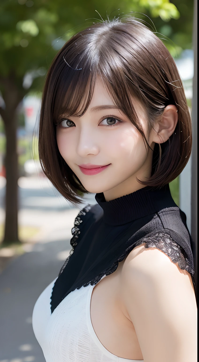 masutepiece, Best quality, illustration, Ultra-detailed, finedetail, A high resolution, 8K wallpaper, Perfect dynamic composition, Beautiful detailed eyes, Women's Summer,Short Bob Hair,Small breasts with natural color lips, Bold sexy pose,Smile,Harajuku、20 years girl、Cute、Look at the sexy shots of the lens