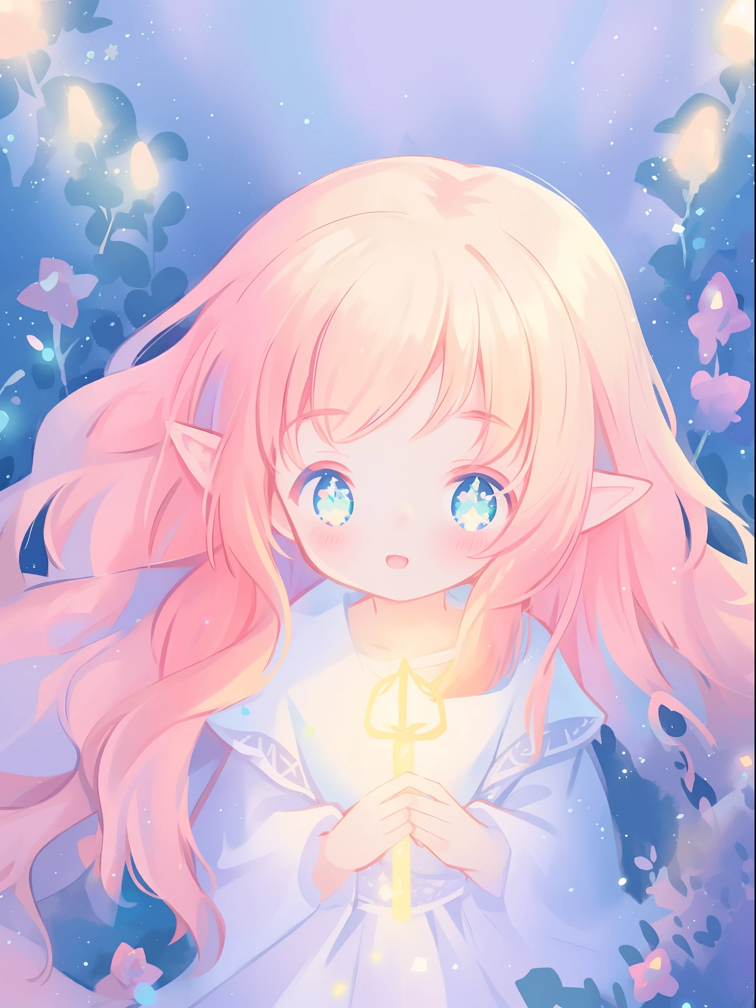 beautiful girl in white elven dress, elven princess, elf ears, princess, white crown of vines and flowers, vibrant pastel colors, (colorful), magical lights, red and gold long wavy hair, sparkling lines of light, inspired by Glen Keane, inspired by Lois van Baarle, disney art style, by Lois van Baarle, glowing aura around her, by Glen Keane, jen bartel, glowing lights! digital painting, flowing glowing hair, glowing flowing hair, beautiful digital illustration, fantasia background, whimsical, magical, fantasy, beautiful face, ((masterpiece, best quality)), intricate details, highly detailed, sharp focus, 8k resolution, sparkling detailed eyes, liquid watercolor