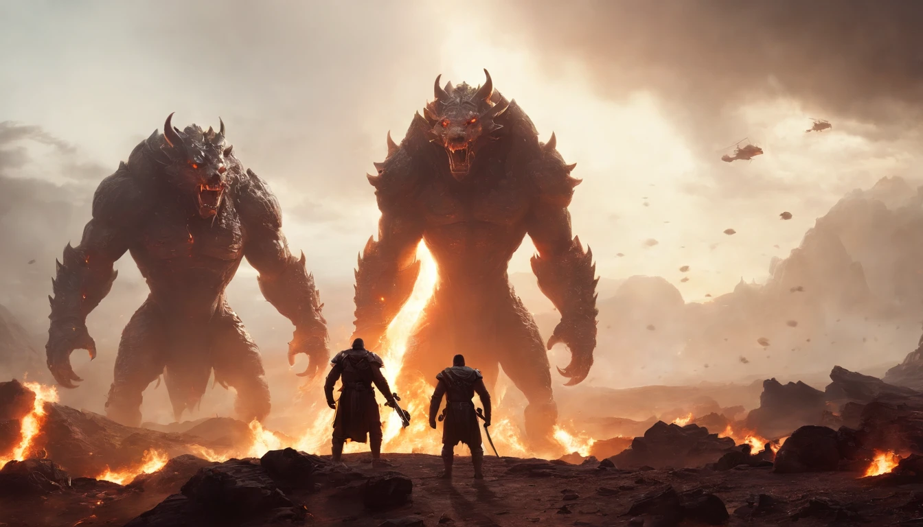 two warriors silhouettes standing in front of a massive three headed Cerberus aggressively standing 100feet tall, located in a battlefield , concept art wallpaper 4k, sci-fi fantasy wallpaper, sci fi artwork, detailed sci-fi art, beautiful sci fi art, spaceships in the cloudy sky, concept art artwork masterpiece, concept art 4k, concept art 4 k, sci fi concept art, mystical sci-fi concept art, fire, explosions, debris, dirty