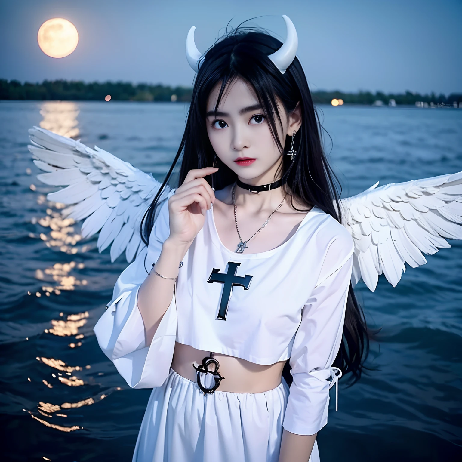 1 girl with jesus, white t shirt, wings, black wings, angel, halo, demon horns, standing on the lake, choker, midget, super villain, stand, with jesus, evening with moon in the sky, look at the viewer, cross necklace, earrings, jewellery, jesus, jesus christ, cross tatto, holding a cross, holding a wooden cross