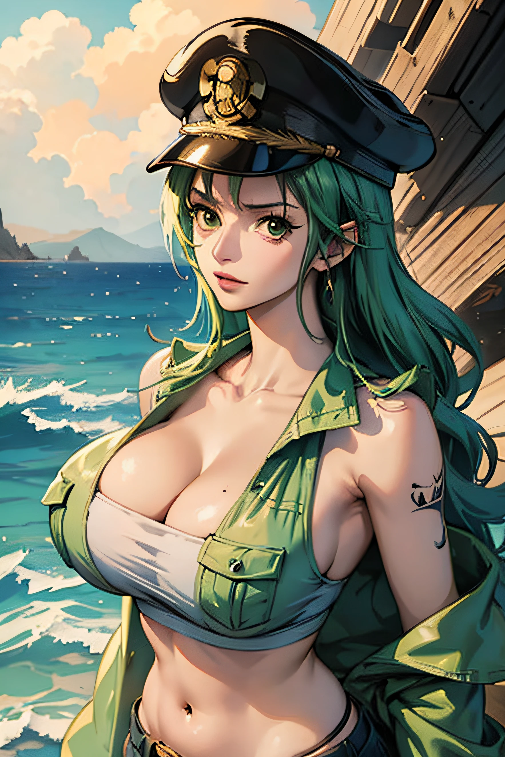 Anime artwork, one piece art style, light skin, long wild green hair, marine cap, casual clothes, sexy body, long boobs, background on a marine ship, Eiichiro oda artwork, sharp focus, intricate details, highly detailed by greg rutkowski