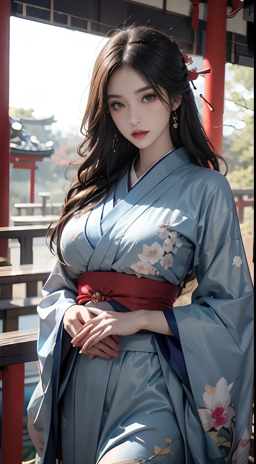 Shrine of Japan、Wearing a blue kimono、Unreal Engine:1.4,nffsw,best qualtiy:1.4, Photorealista:1.4, Skin Texture:1.4, ​masterpiece:1.8, 1 Women, hips up high, beautidful eyes, The long-haired, Ringed Eyes, jewely, The tattoo, Kimono