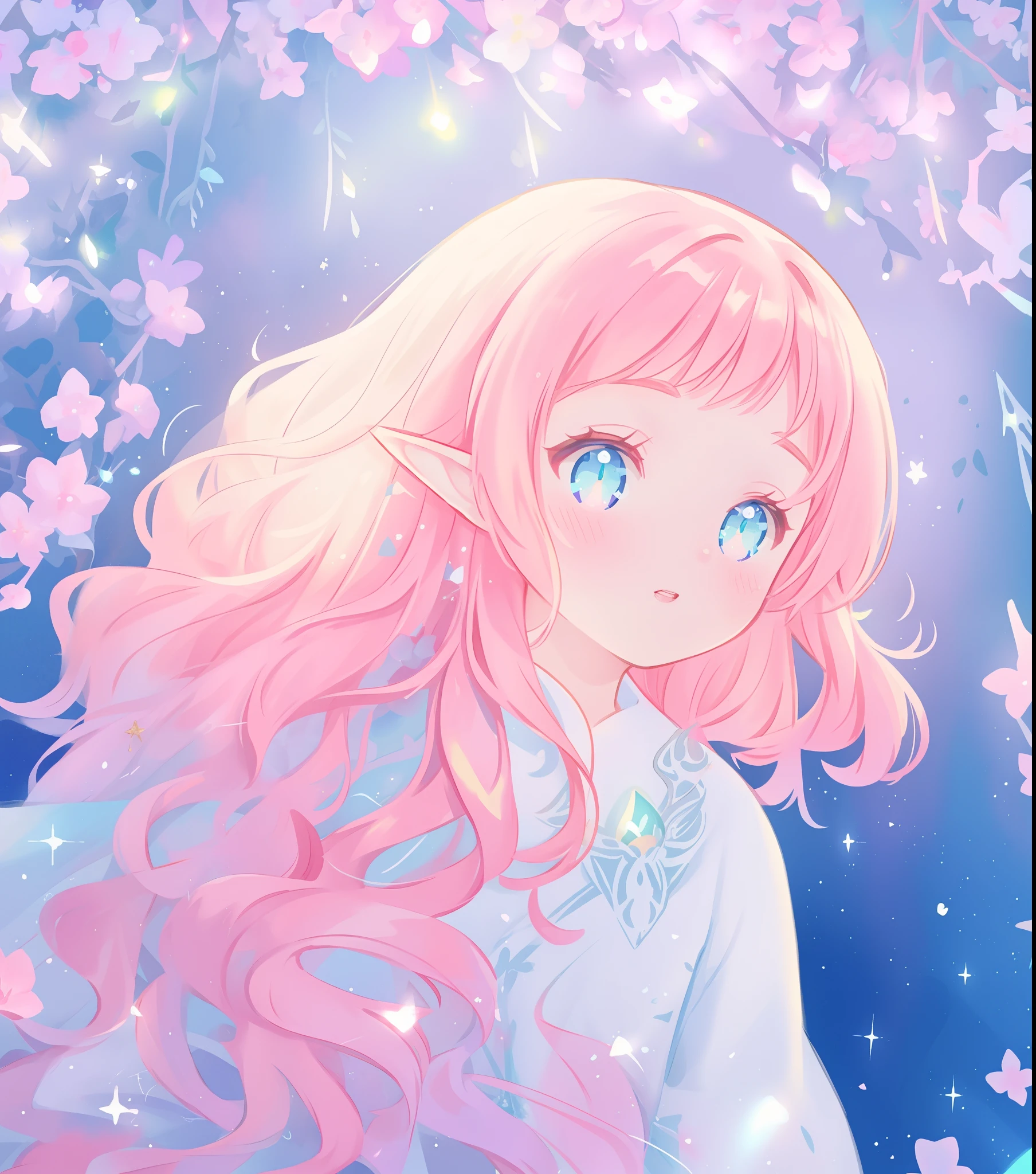 beautiful girl in white elven dress, elven princess, elf ears, princess, white crown of vines and flowers, vibrant pastel colors, (colorful), magical lights, red and gold long wavy hair, sparkling lines of light, inspired by Glen Keane, inspired by Lois van Baarle, disney art style, by Lois van Baarle, glowing aura around her, by Glen Keane, jen bartel, glowing lights! digital painting, flowing glowing hair, glowing flowing hair, beautiful digital illustration, fantasia background, whimsical, magical, fantasy, beautiful face, ((masterpiece, best quality)), intricate details, highly detailed, sharp focus, 8k resolution, sparkling detailed eyes, liquid watercolor