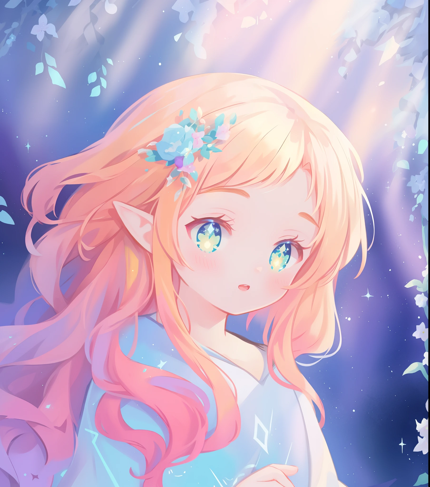 beautiful girl in white elven dress, elven princess, elf ears, princess, white crown of vines and flowers, vibrant pastel colors, (colorful), magical lights, red and gold long wavy hair, sparkling lines of light, inspired by Glen Keane, inspired by Lois van Baarle, disney art style, by Lois van Baarle, glowing aura around her, by Glen Keane, jen bartel, glowing lights! digital painting, flowing glowing hair, glowing flowing hair, beautiful digital illustration, fantasia background, whimsical, magical, fantasy, beautiful face, ((masterpiece, best quality)), intricate details, highly detailed, sharp focus, 8k resolution, sparkling detailed eyes, liquid watercolor