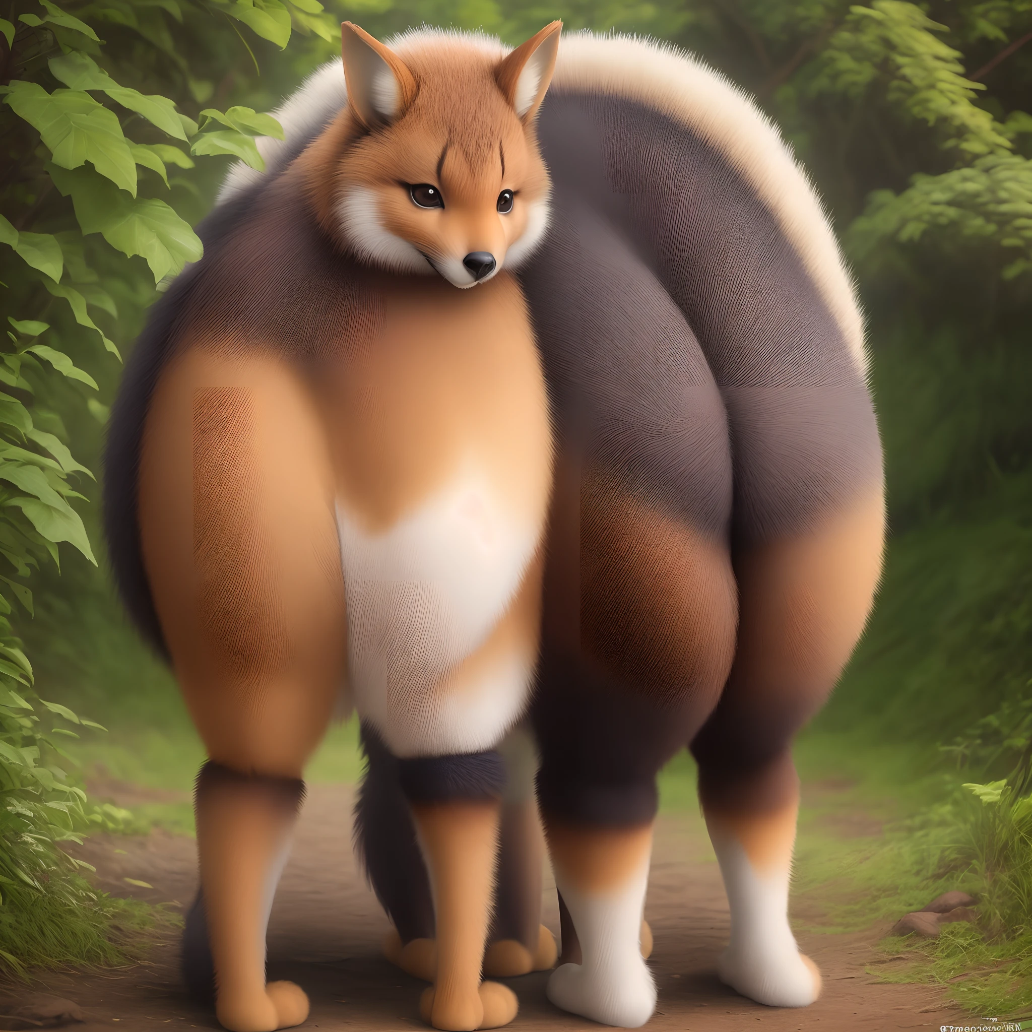 anthro, (milesprower:1.1), male, orange fur, large eyes, front view, (2 tails:1.4), standing, solo, digital art, (detailed fluffy fur, impasto impressionism:1.2), realistic shading, smooth shading, detailed eyes, colorful style, big butt