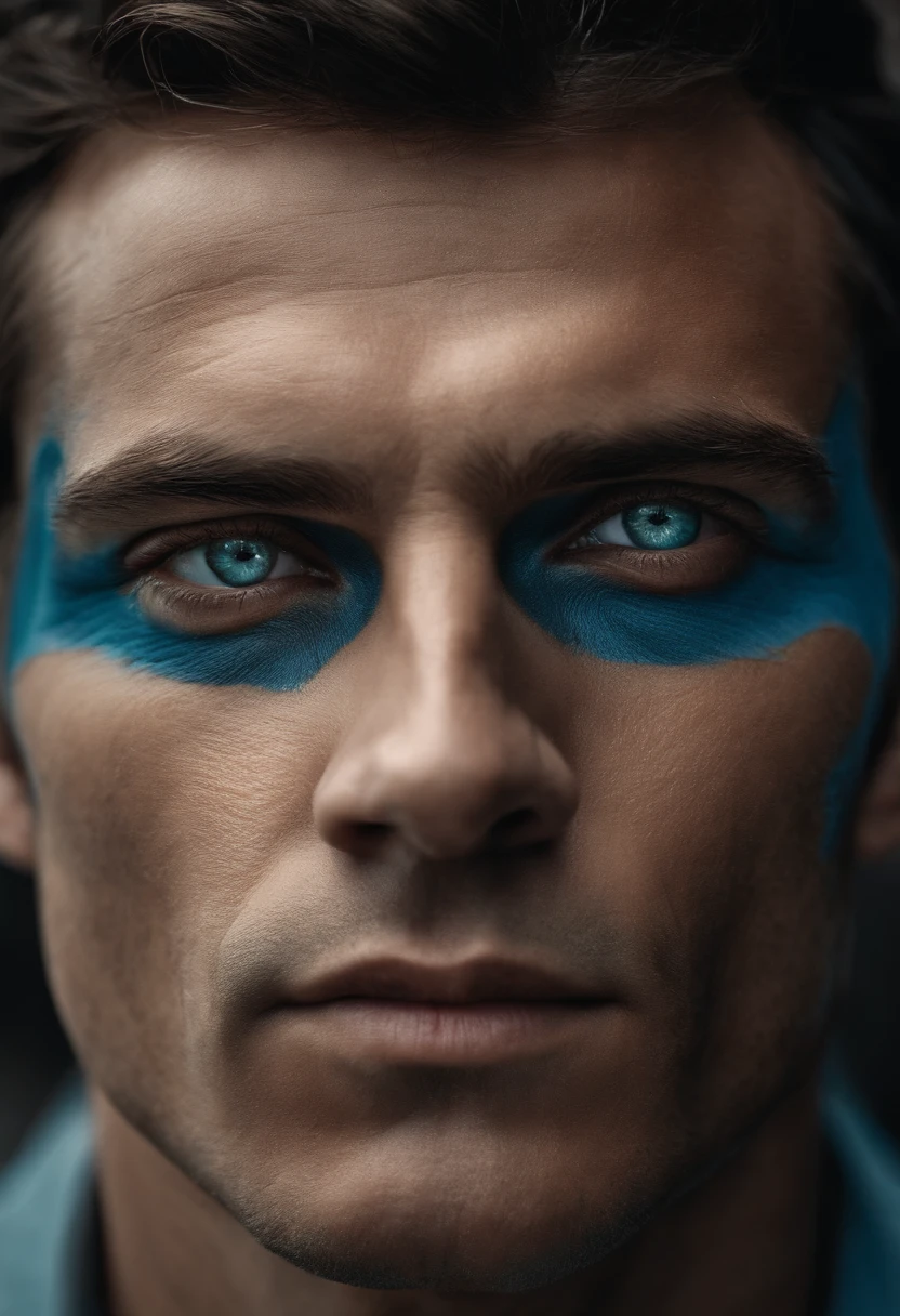 Close-up of the man's face. He has determined eyes and a scar on his face.