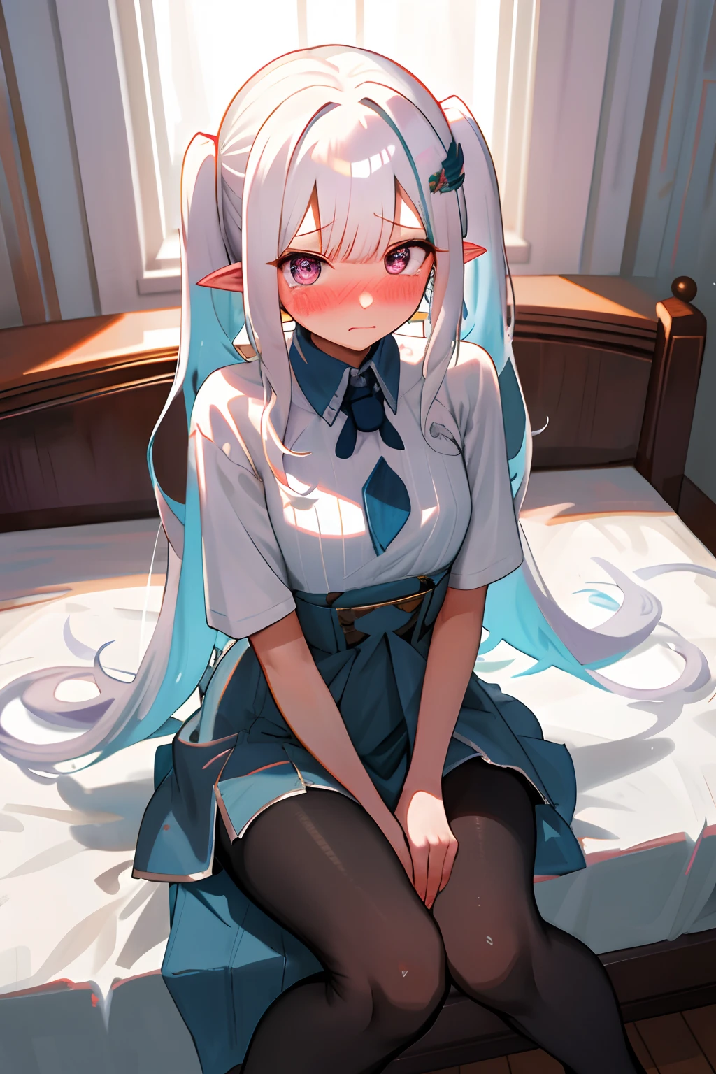 One girl with pigtails wavy hair, white hair, looking at viewer, embarrassed, blushing, tears, indoor , oversized naked t shirts, pointy ears, perfect waist, bed, night atmosphere, hair ornament, sitting on queen chair, sitting on her throne, pantyhose