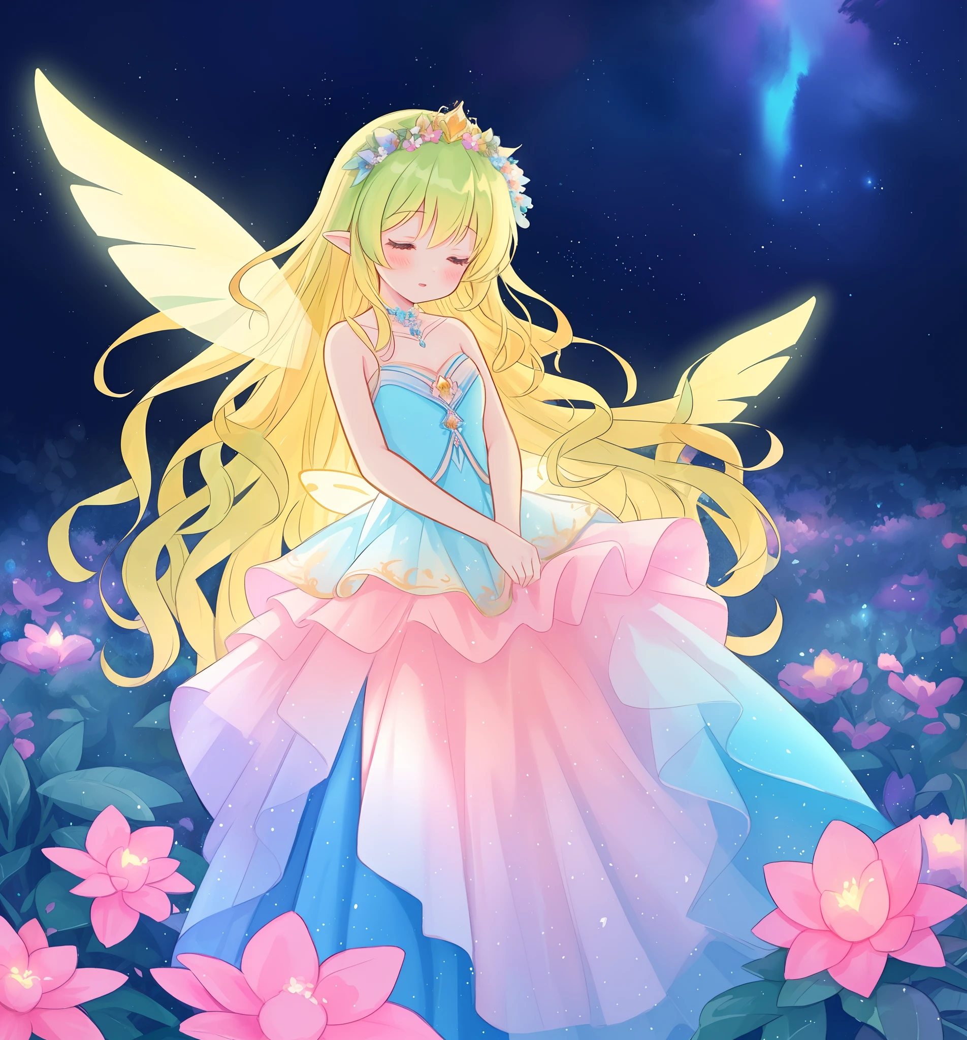beautiful girl in flowing ballgown dress, (glowing fairy wings), glowing flowing ballgown, long wavy hair, sparkling fairy wings, watercolor illustration, flowers and colorful plants, inspired by Glen Keane, inspired by Lois van Baarle, disney art style, by Lois van Baarle, glowing aura around her, by Glen Keane, jen bartel, glowing lights! digital painting, flowing glowing hair, glowing flowing hair, beautiful digital illustration, fantasia otherworldly landscape plants flowers, beautiful, masterpiece, best quality, anime disney style