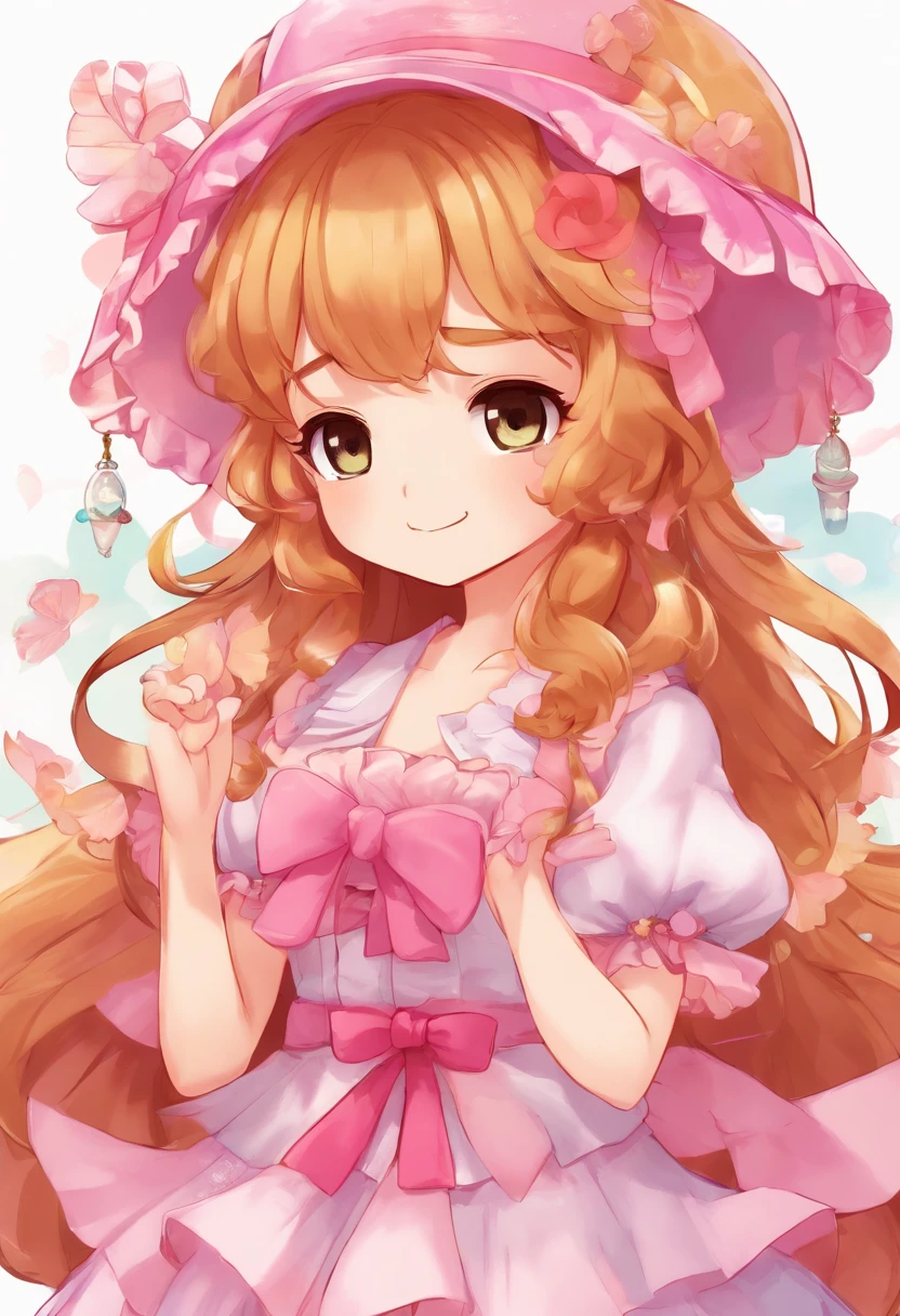 Anime girl with wings and pink dress and hat, Lori, style of maple story, touhou character, Chibi, jellyfish shrine maiden 8k, wearing angel halo, full - body majestic angel, frilly outfit, visual novel sprite, from touhou, small curvy loli, wearing angel, fantasy outfit,Long straight brown hair,Black Mary Jane Shoes,Hat with ribbon