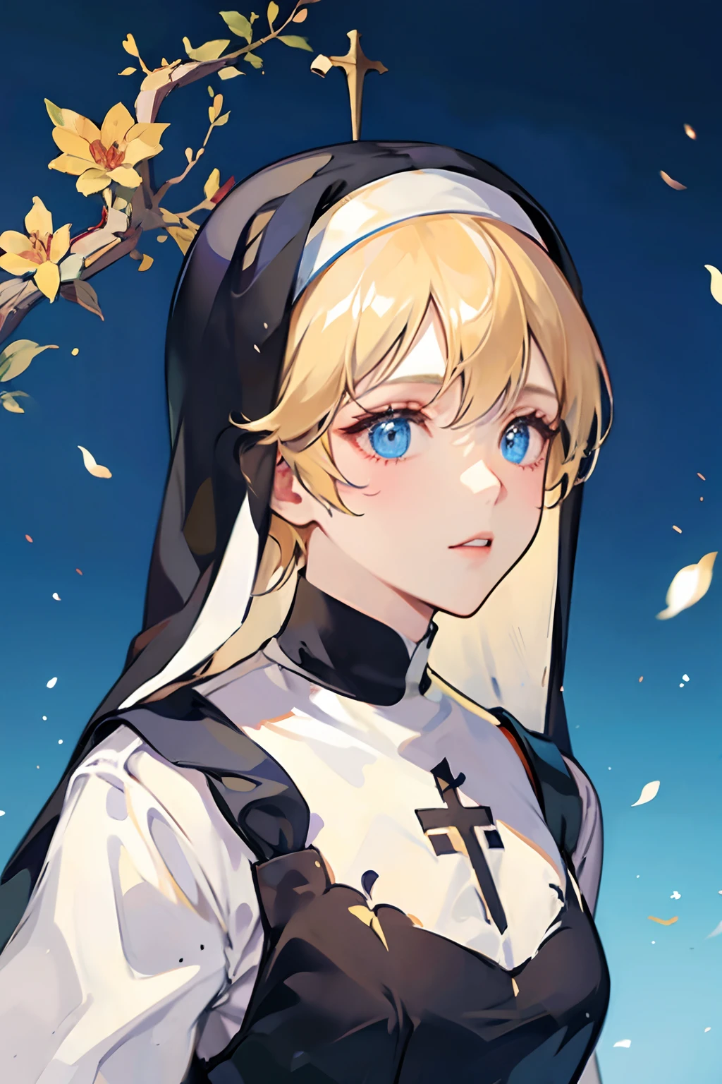 A nun with blonde hair and blue eyes