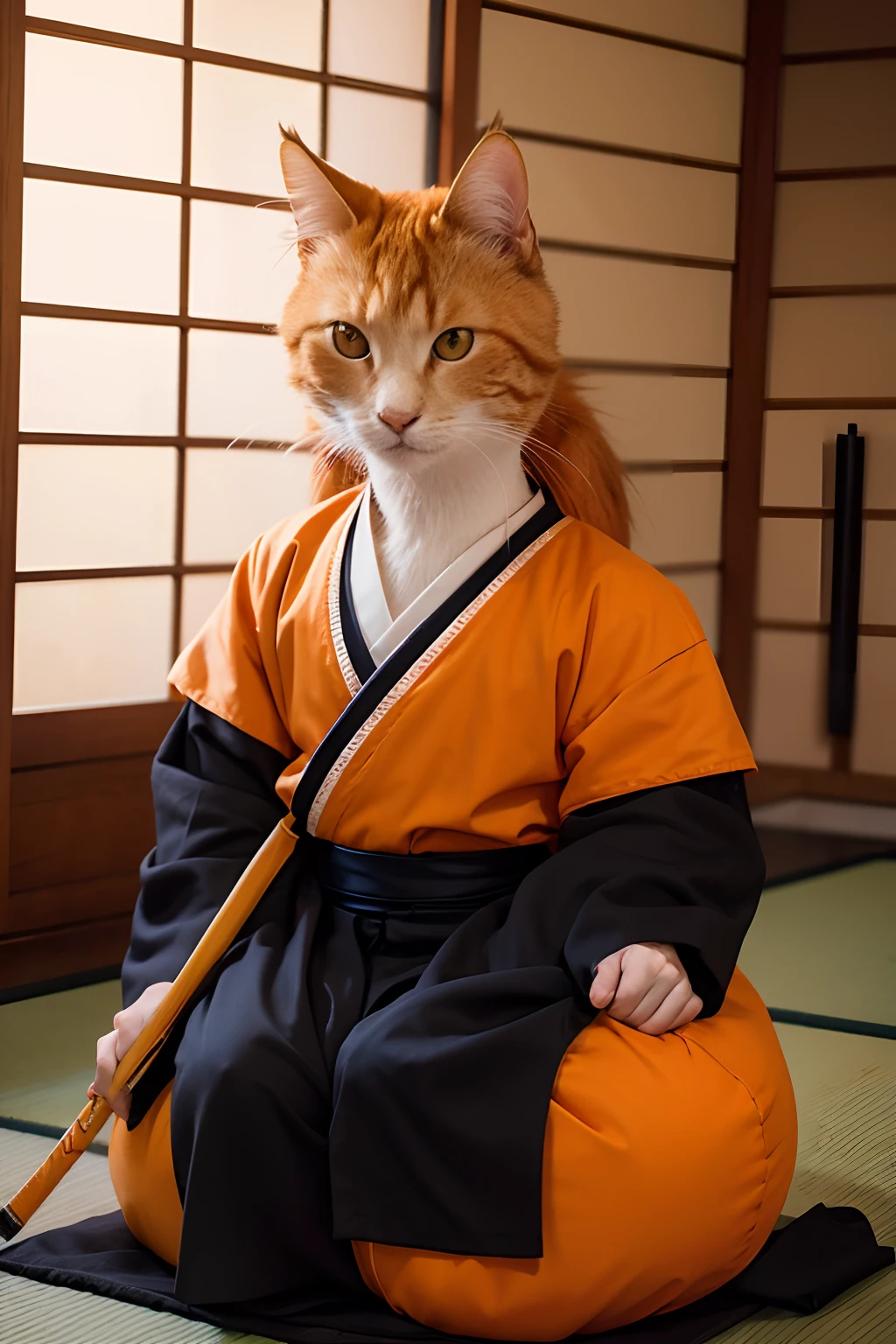 (Japanese manga style,Masterpiece,Q version)The orange cat anthropomorphic avatar wears a Japanese samurai costume
