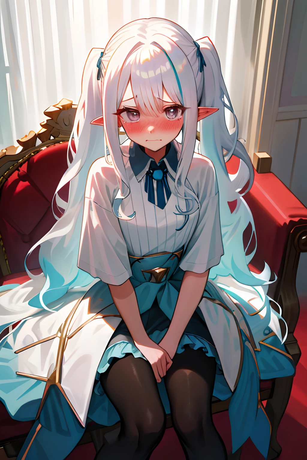 One girl with pigtails wavy hair, white hair, looking at viewer, embarrassed, blushing, tears, indoor , oversized naked t shirts, pointy ears, perfect waist, bed, night atmosphere, hair ornament, sitting on queen chair, sitting on her throne, pantyhose, hair ribbon