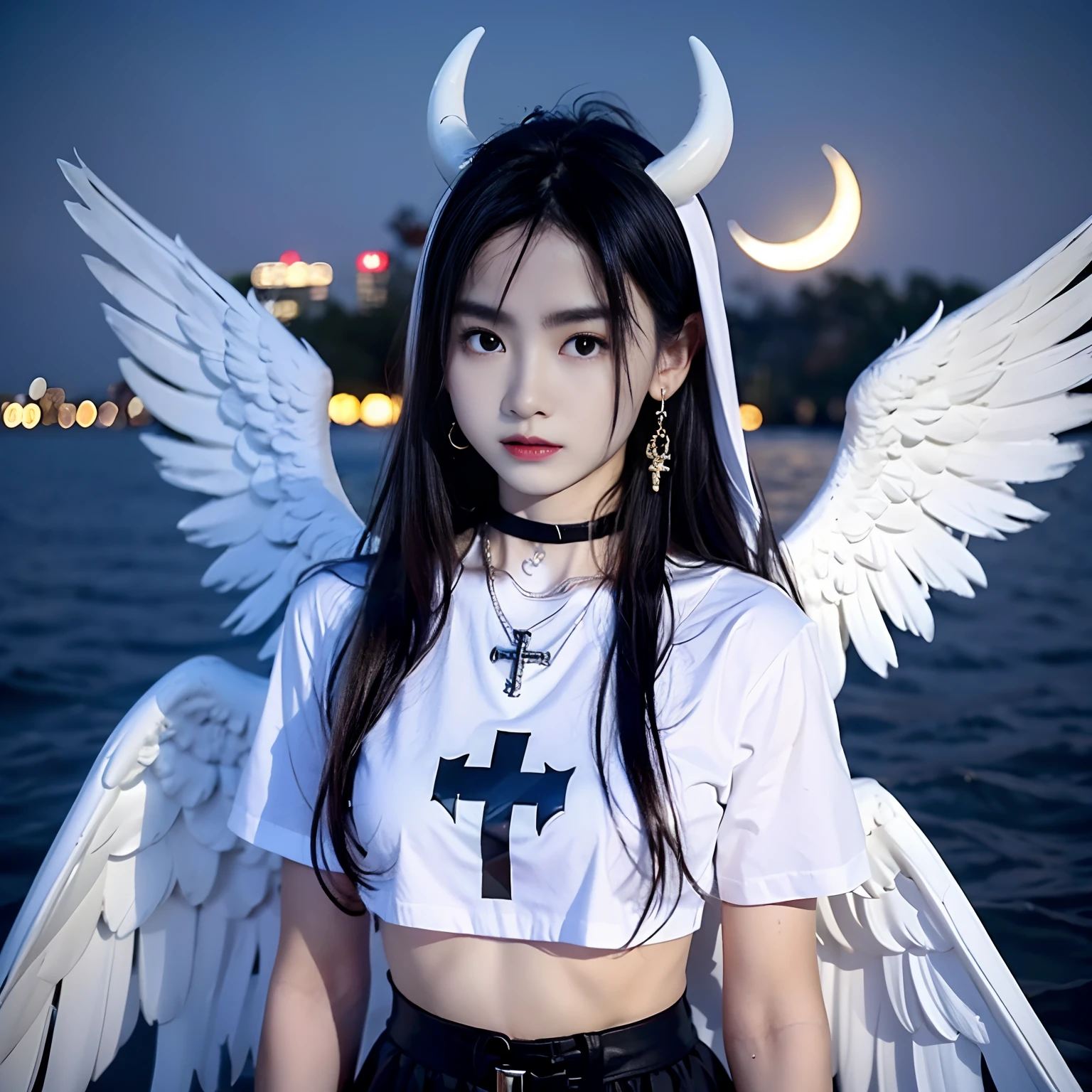 1 girl with jesus, white t shirt, wings, black wings, angel, halo, demon horns, standing on the lake, choker, midget, super villain, stand, with jesus, evening with moon in the sky, look at the viewer, cross necklace, earrings, jewellery, jesus, jesus christ, cross tatto, holding a cross, holding a mini cross