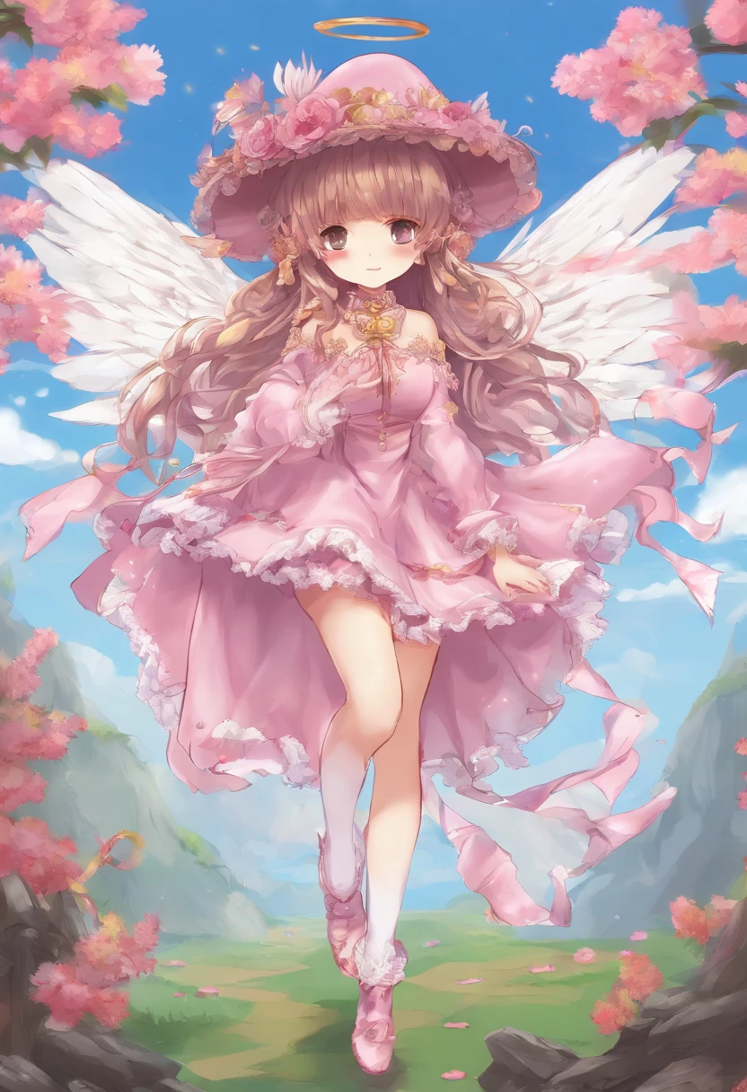 Anime girl with wings and pink dress and hat, Lori, style of maple story, touhou character, Chibi, jellyfish shrine maiden 8k, wearing angel halo, full - body majestic angel, frilly outfit, visual novel sprite, from touhou, small curvy loli, wearing angel, fantasy outfit,Long straight brown hair,Black Mary Jane Shoes,Hat with ribbon