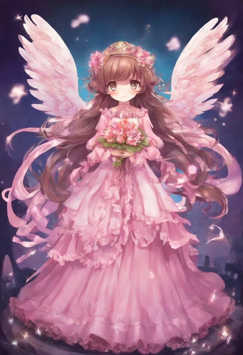 Anime girl with wings and pink dress and hat, Lori, style of maple story, touhou character, Chibi, jellyfish shrine maiden 8k, wearing angel halo, full - body majestic angel, frilly outfit, visual novel sprite, from touhou, small curvy loli, wearing angel, fantasy outfit,Long straight brown hair,Black Mary Jane Shoes,Hat with ribbon