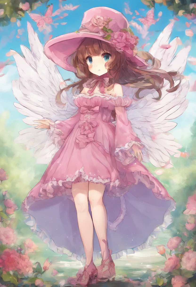 Anime girl with wings and pink dress and hat, Lori, style of maple story, touhou character, Chibi, jellyfish shrine maiden 8k, wearing angel halo, full - body majestic angel, frilly outfit, visual novel sprite, from touhou, small curvy loli, wearing angel, fantasy outfit,Long straight brown hair,Black Mary Jane Shoes,Hat with ribbon