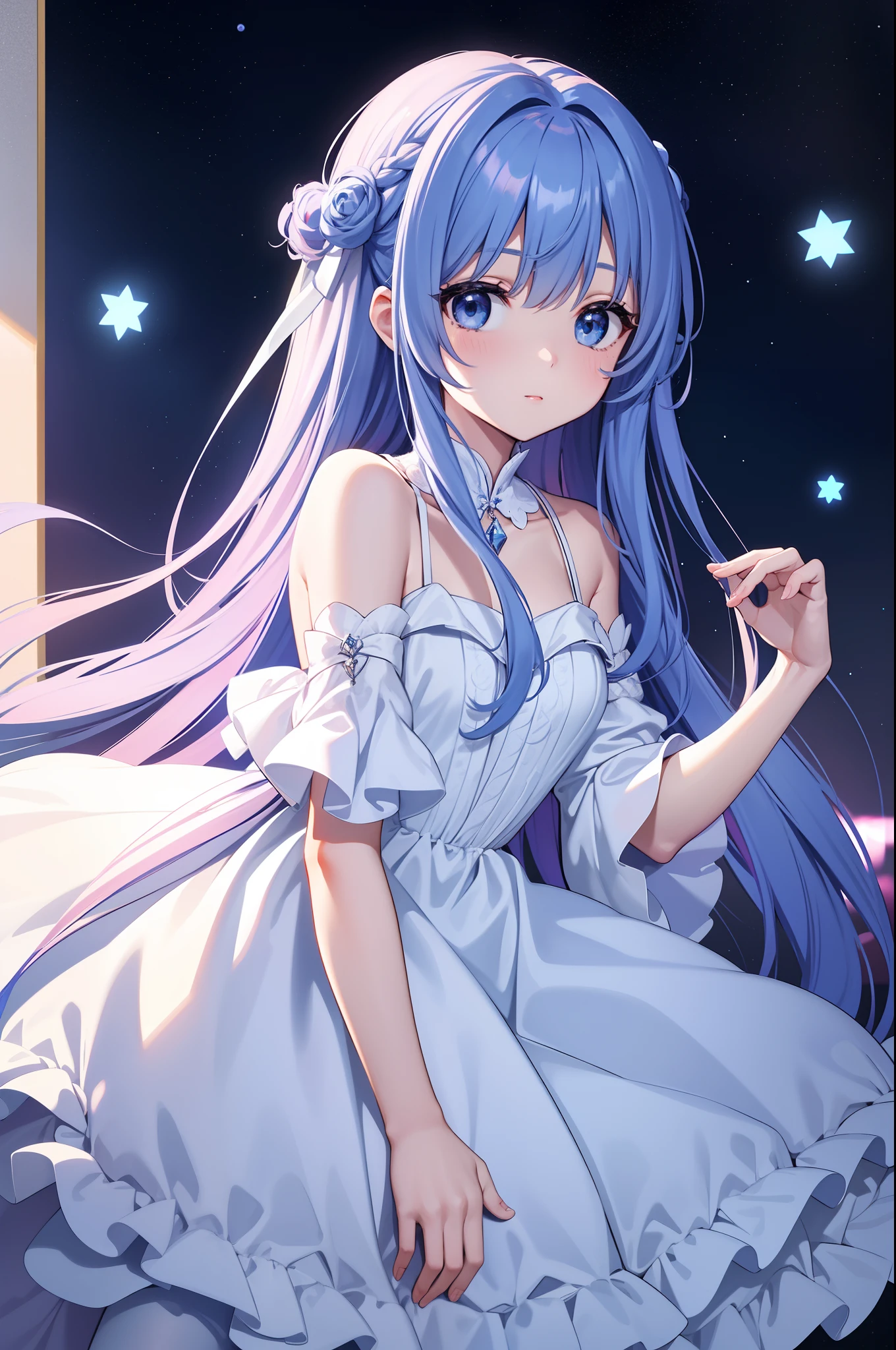 1 girl in、Long blue hair、Twin-tailed、Black eyes、Drawn from a specific angle、Looking at the camera、delicate finger、beautiful ilumination、Fluffy pink and white dress、Fluffy、Background with　Stars are shining in the night sky(High resolution of the highest quality)、((Masterpieces of the highest quality:1.2))
