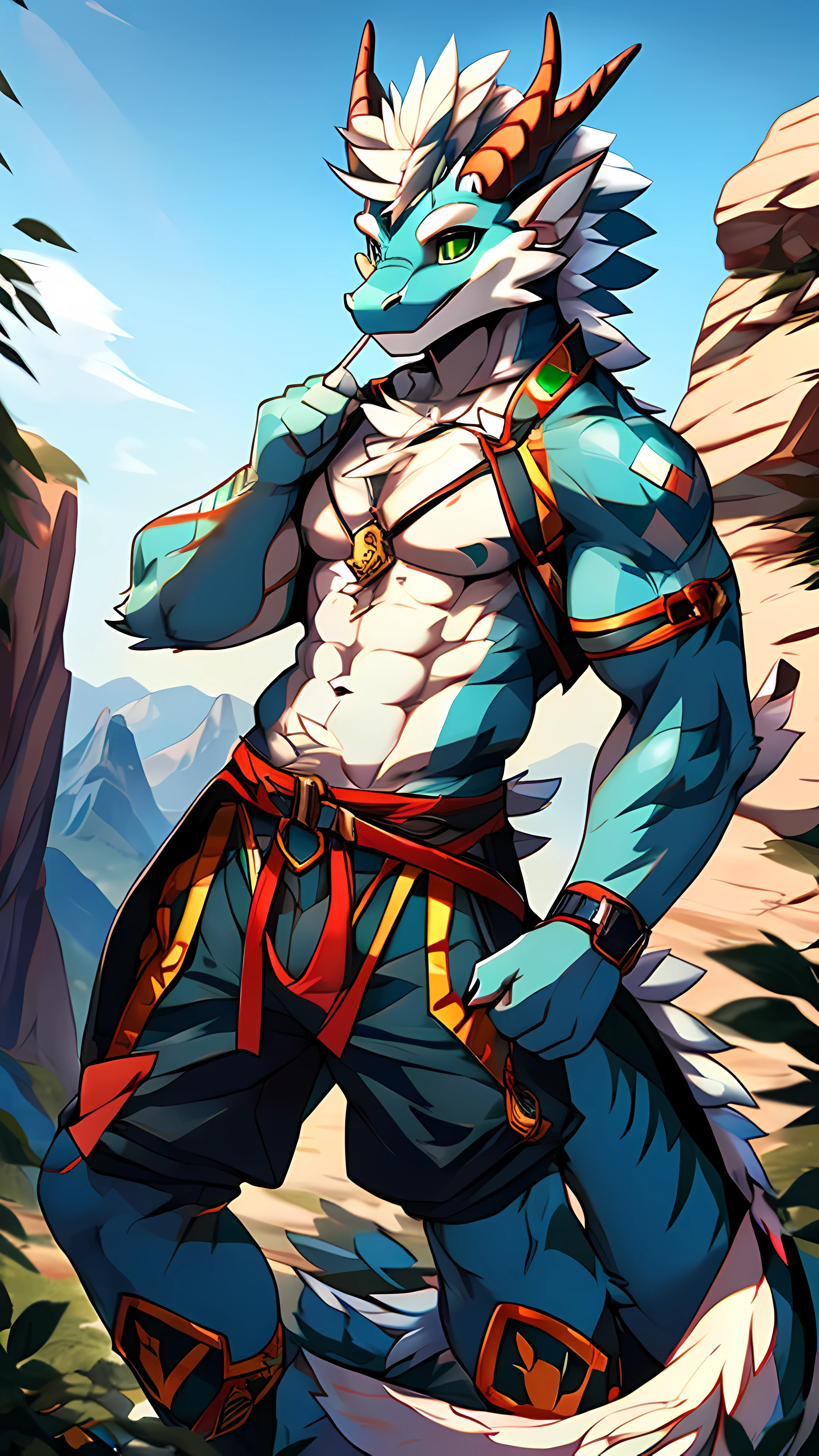 concept art, anthro dragon, Chinese dragon, eastern dragon, male, furry, superpower, blue and white skin, green eyes, valley, handsome, masterpiece, hi-res, 8k, detailed scene, niji