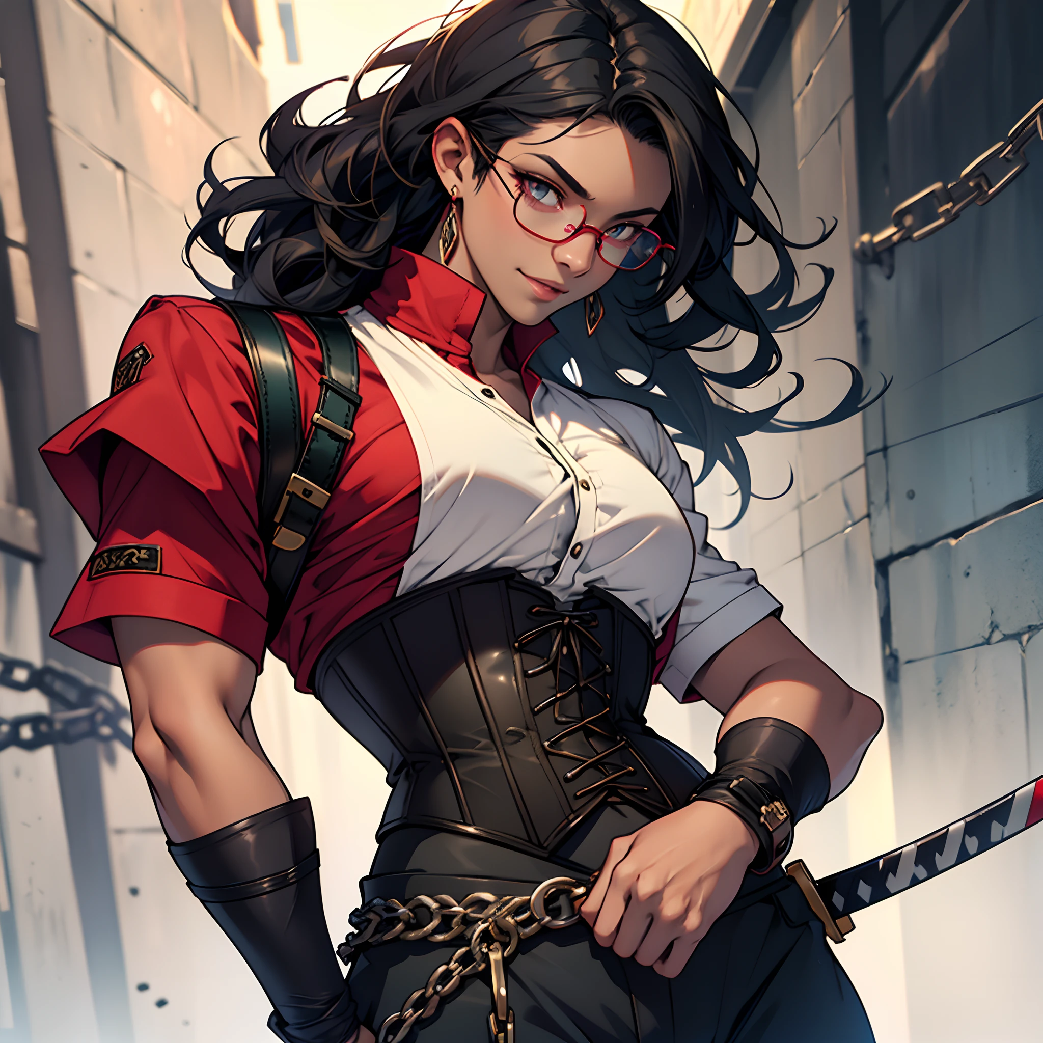 Please make a brown-skinned human woman more pulled to black with curly black hair with straight, com altura de 1,77 metros, heterochromatic eyes with the color green and dark blue, nariz um pouco pontudo, half-fleshy lips, bem musculosa e de corpo perfeito, Wearing red glasses, roupas sociais, half trawler, coturno de cano longo, Corset preto, uma blusa vermelha e grossa por cima do Corset, Wearing a pair of joggers, with a katana with a black scabbard at the waist that has chains from the beginning to the middle of the Katana scabbard, corpo todo, olhando confiante pra frente e sorrindo meigo