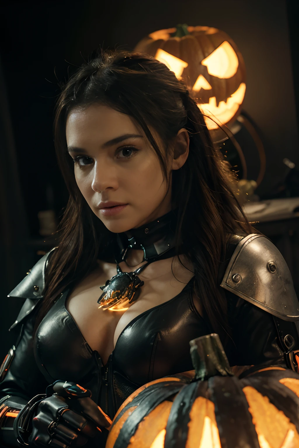 (best quality,4k,8k,High,masterpiece:1.2),ultra-detailed,(realistic,photorealistic,photorealistic:1.37), HDR, UHD, studio lighting, ultrafine painting, sharp focus, physically based rendering , Extreme detail description, professional, vivid colors, Bokeh, pumpkin lantern head monster, hyper futuristic robot style, light in the background, macabre scenery, neon lights.