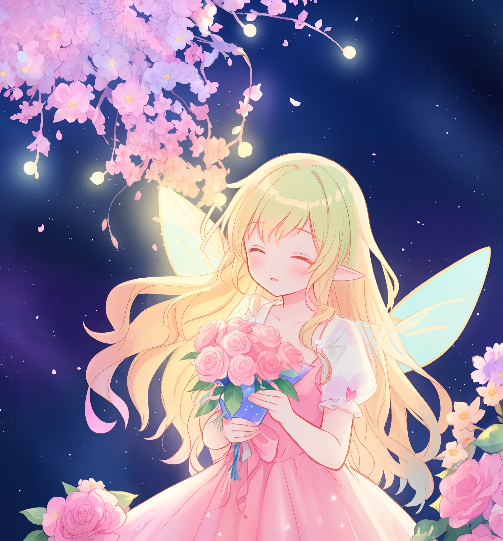 beautiful girl in flowing ballgown dress, (glowing fairy wings), glowing flowing ballgown, long wavy hair, sparkling fairy wings, watercolor illustration, flowers and colorful plants, inspired by Glen Keane, inspired by Lois van Baarle, disney art style, by Lois van Baarle, glowing aura around her, by Glen Keane, jen bartel, glowing lights! digital painting, flowing glowing hair, glowing flowing hair, beautiful digital illustration, fantasia otherworldly landscape plants flowers, beautiful, masterpiece, best quality, anime disney style