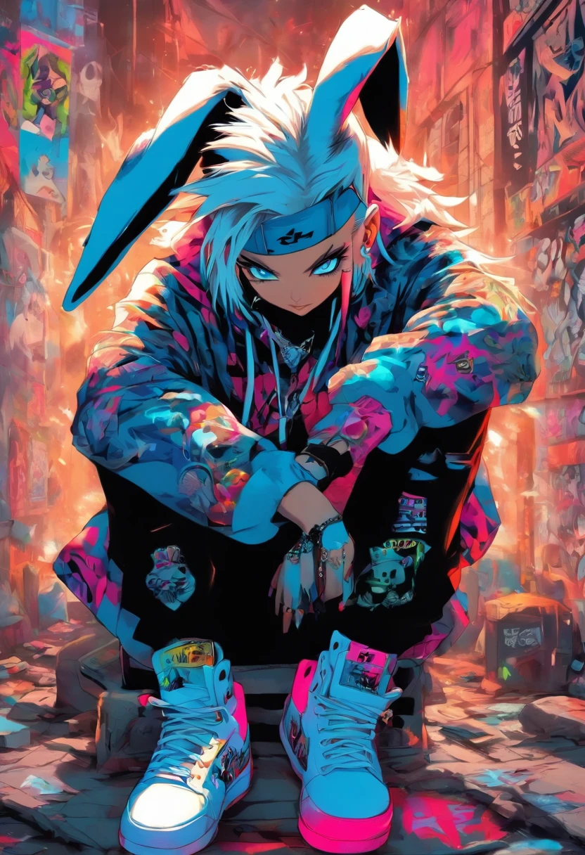 A cool and trendy rabbit, white hair, blue eyes, wearing trendy hip hop clothing, wearing a hoodie, graphic t-shirt and torn jeans, tons of tattoos and piercings, graffiti style background, highly detailed background, perfect masterpiece, high quality, high resolution