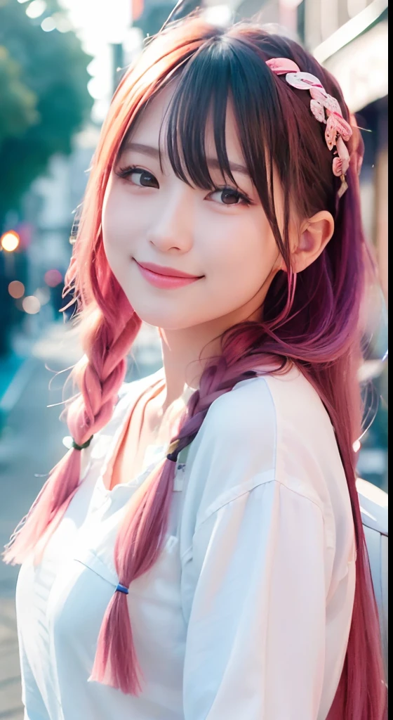 (8K、top-quality、​masterpiece:1.2)、(reallistic、Photorealsitic:1.37)、The ultra-detailliert、女の子1人、18year old、Medium chest、Beautie、Beautiful and perfect face、Natural smile、独奏、holiday、Bustling street、shopping、Fashionable clothes、Redness of the nose)、(A smile:1.5)、(With mouth closed) 、beautidful eyes、(long:1.2)、Floating hair 、Middle hair、Pink Hair Medium Hair, (Pink hair), Ear Hair, small tits, Single braid, (Single braid), (Side braid),Checked shirt