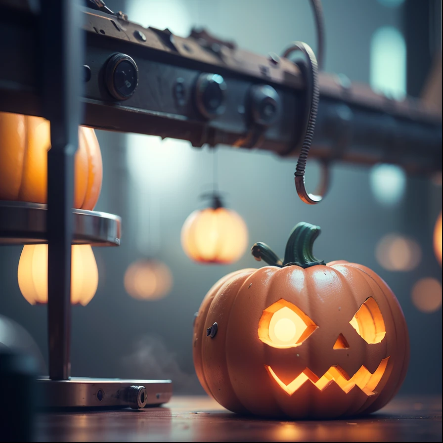 (best quality,4k,8k,High,masterpiece:1.2),ultra-detailed,(realistic,photorealistic,photorealistic:1.37), HDR, UHD, studio lighting, ultrafine painting, sharp focus, physically based rendering , Extreme detail description, professional, vivid colors, Bokeh, pumpkin lantern head monster, hyper futuristic robot style, light in the background, macabre scenery, neon lights. --auto --s2