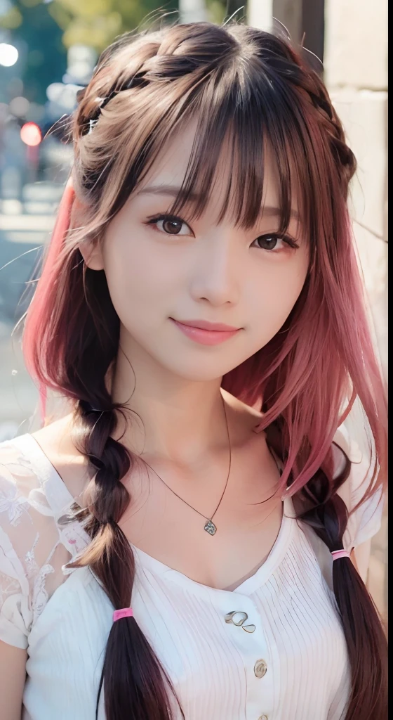 (8K、top-quality、​masterpiece:1.2)、(reallistic、Photorealsitic:1.37)、The ultra-detailliert、1人、18year old、Medium chest、Beautie、Beautiful and perfect face、Natural smile、独奏、holiday、Bustling street、shopping、Fashionable clothes、Redness of the nose)、(A smile:1.5)、(With mouth closed) 、beautidful eyes、(long:1.2)、Floating hair 、Middle hair、Pink Hair Medium Hair, (Pink hair), Ear Hair, small tits, Single braid, (Single braid), (Side braid),Checked shirt