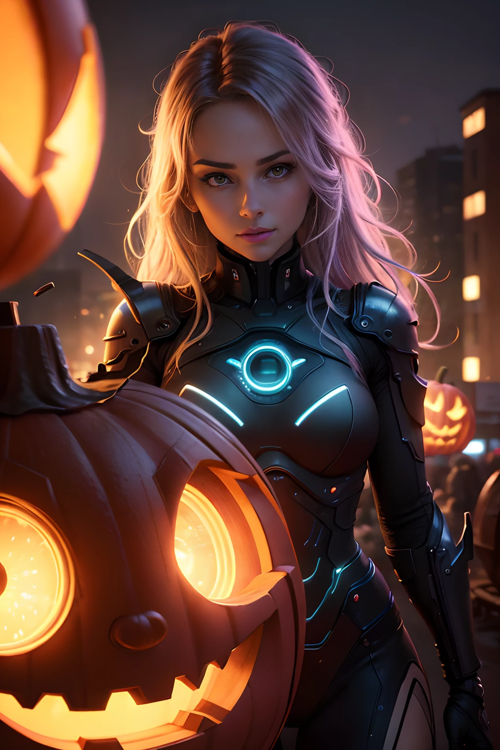 (best quality,4k,8k,High,masterpiece:1.2),ultra-detailed,(realistic,photorealistic,photorealistic:1.37), HDR, UHD, studio lighting, ultrafine painting, sharp focus, physically based rendering , Extreme detail description, professional, vivid colors, Bokeh, pumpkin lantern head monster, hyper futuristic robot style, light in the background, macabre scenery, neon lights.