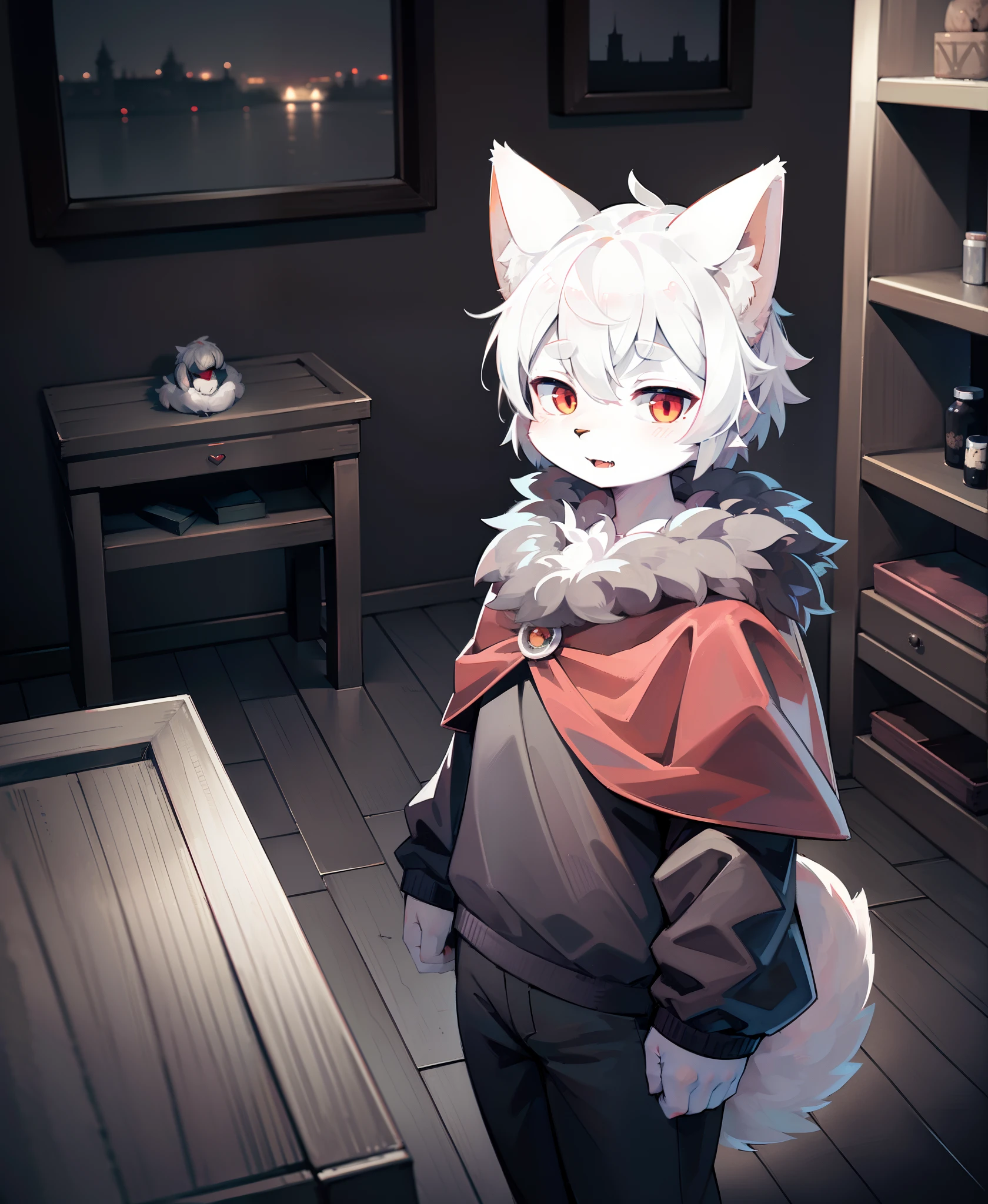 (dark environment:0.8),masterpiece, high quality, absurd res, digital painting \(artwork\), by dagasi, yupa,kiyosan,(anthro,fluffy fur,character focus:1.1),anthro male cat,short hair,portrait, bright eyes,panorama,character focus.(detailed background:0.7),solo,furry,furry male ,male focus,anthr,(Full body fur, fluffy tail, white fur,red eyes,gray hair:1.2),(long canines,vampire, cape:1.2),(interior,night, castle, coffin:1.1)