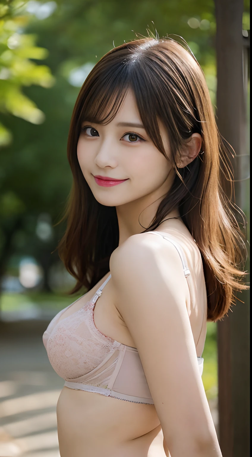 masutepiece, Best Quality, Illustration, Ultra-detailed, finely detail, hight resolution, 8K Wallpaper, Perfect dynamic composition, Beautiful detailed eyes, Medium Hair,Colossal tits:2.0、Natural Color Lip, Bold sexy poses,Smile,Harajuku、20 years girl、Cute、Sexy shot looking at camera、((posterior view、sideshot、Bra in bra、Wearing panties、embarassed expression、Upper eyes、blushing))、、Ribbon tie、boob focused、In the thickets of the park