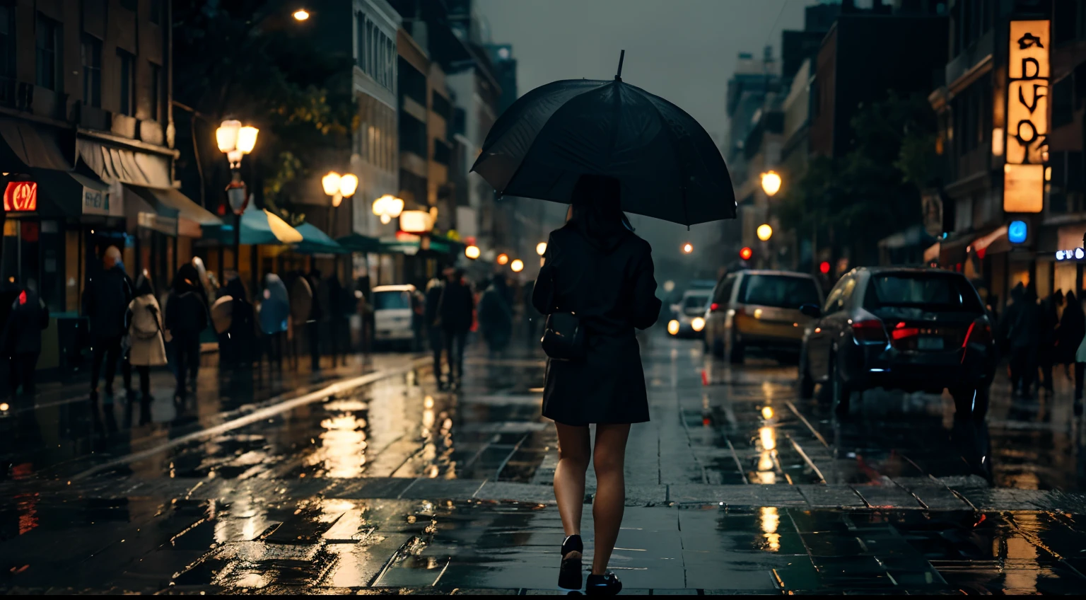 city, rain, night, people,
