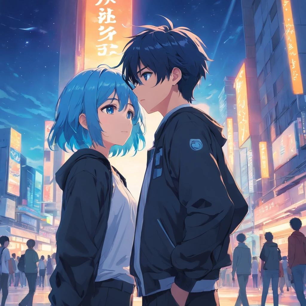 masterpiece、twinks、Blue-haired、Black jacket、Black pants、white t-shirts、Give bangs、Sticking out your forehead、twinks、Eyes drawn in detail、a handsome、starrysky、Mystical light、Dramatic light、Cinematic power、