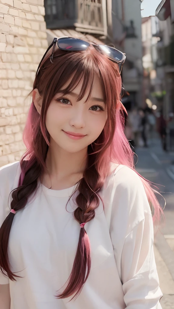 (8K、top-quality、masterpiece:1.2)、(reallistic、Photorealsitic:1.37)、The ultra-detailliert、女の子1人、18year old、Medium chest、Beautie、Beautiful and perfect face、Natural smile、独奏、holiday、Bustling street、shopping、Fashionable clothes、Redness of the nose)、(A smile:1.5)、(With mouth closed) 、beautidful eyes、(long:1.2)、Floating hair 、Middle hair、Pink Hair Medium Hair, (Pink hair), Ear Hair, small tits, Single braid, (Single braid), (Side braid),Checked shirt