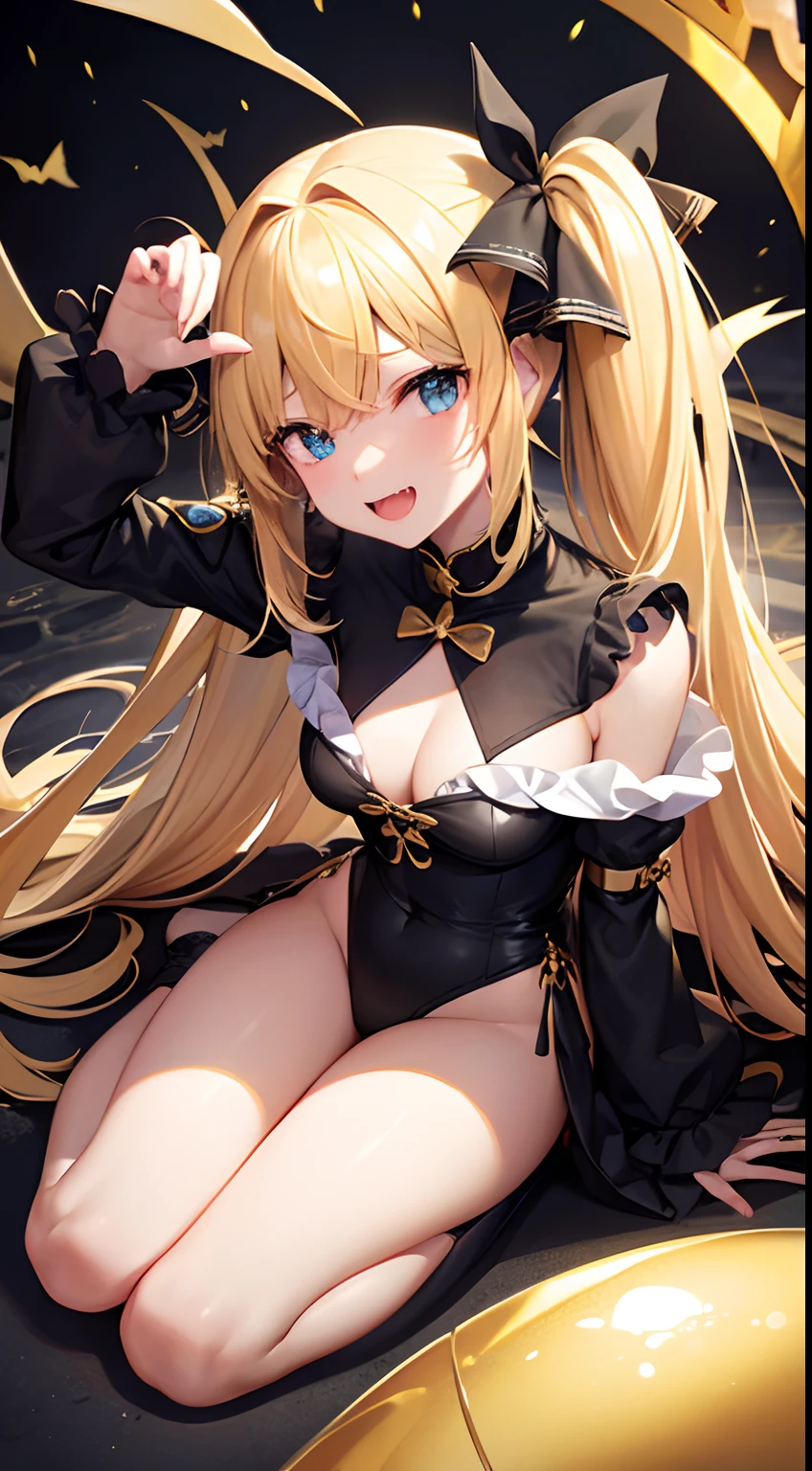 hight resolution、hightquality、ultra-detailliert、8k wallpaper、1人の女性、a blond、Beautiful fece、Wearing a shark costume、Teeth are shark fangs、Kamimei、Melancholy is in the air、Lovers feeling、Be loved、Familiarity、Lots of gold and black、Gold and black background、Hands folded behind your back、Add Halloween elements
