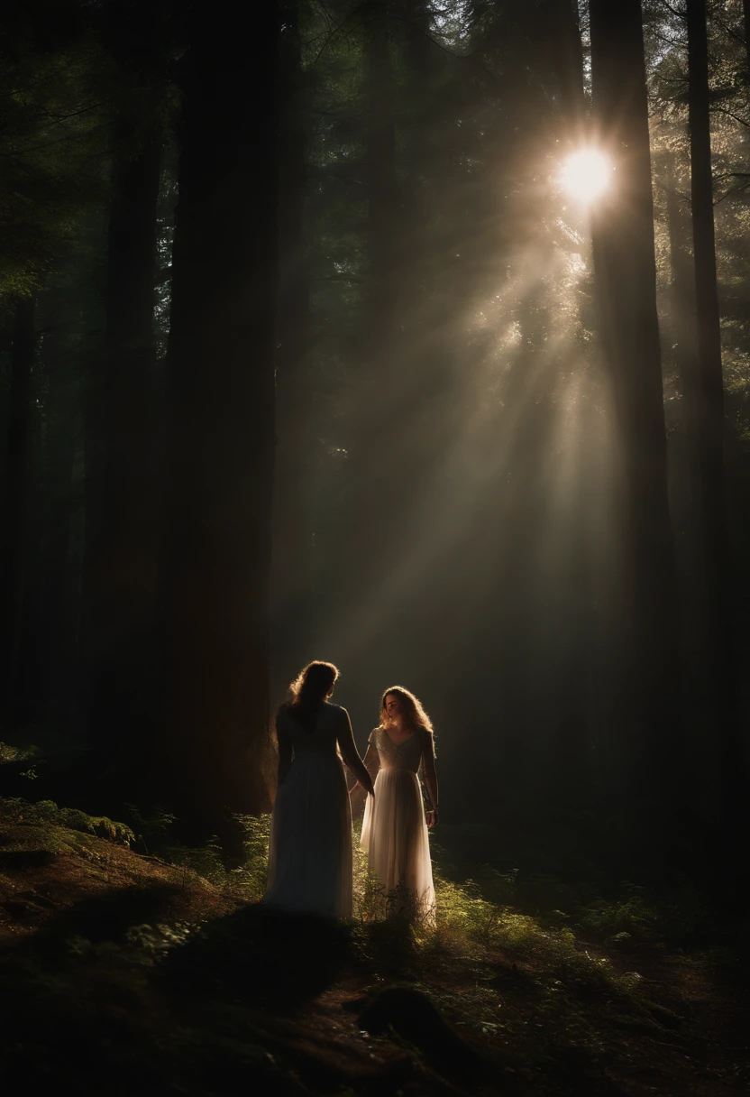 A young woman standing in an enchanted forest with a guardian angel by her side, the moonlight filtering through the dense trees, casting ethereal rays on the scene, evoking a sense of tranquility and wonder, Photography, shot with a 50mm prime lens at f/2.8, --ar 16:9 --v 5