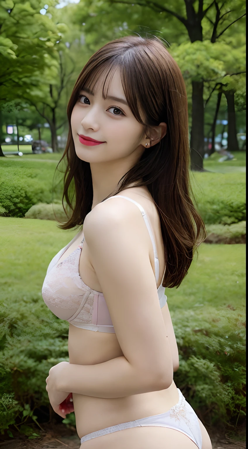 masutepiece, Best Quality, Illustration, Ultra-detailed, finely detail, hight resolution, 8K Wallpaper, Perfect dynamic composition, Beautiful detailed eyes, Medium Hair,Colossal tits:2.0、Natural Color Lip, Bold sexy poses,Smile,Harajuku、20 years girl、Cute、Sexy shot looking at camera、((posterior view、sideshot、Bra in bra、Wearing panties、embarassed expression、Upper eyes、blushing))、、Ribbon tie、boob focused、In the thickets of the park