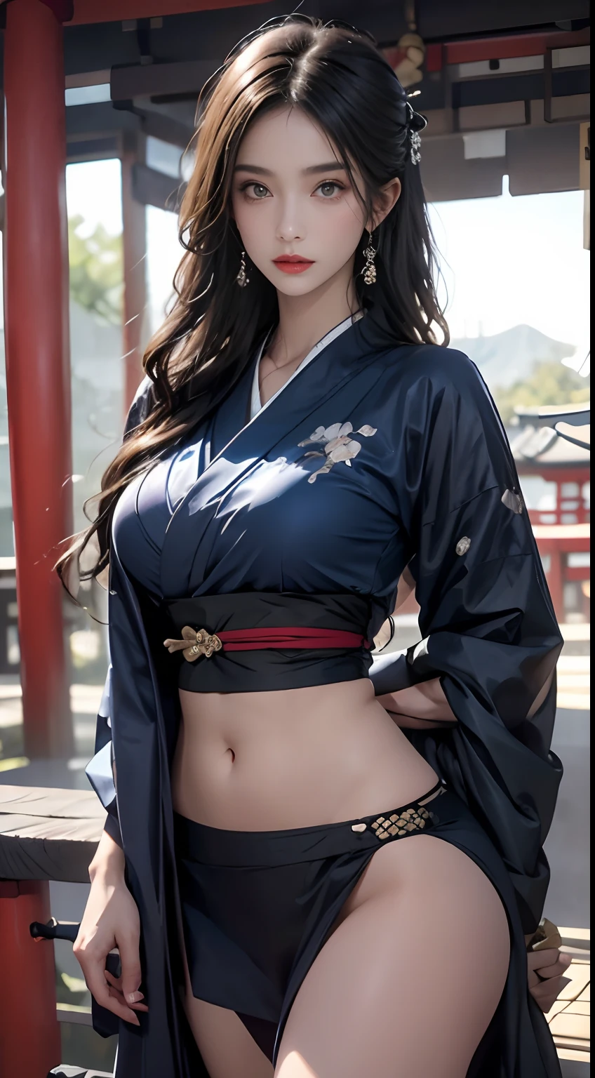 Shrine of Japan、Wearing a dark blue kimono、Unreal Engine:1.4,nffsw,best qualtiy:1.4, Photorealista:1.4, Skin Texture:1.4, masterpiece:1.8, 1 Women, hips up high, beautidful eyes, The long-haired, Ringed Eyes, jewely, The tattoo, Kimono