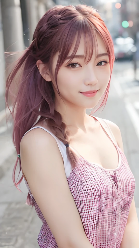 (8K、top-quality、masterpiece:1.2)、(reallistic、Photorealsitic:1.37)、The ultra-detailliert、女の子1人、18year old、Medium chest、Beautie、Beautiful and perfect face、Natural smile、独奏、holiday、Bustling street、shopping、Fashionable clothes、Redness of the nose)、(A smile:1.5)、(With mouth closed) 、beautidful eyes、(long:1.2)、Floating hair 、Middle hair、Pink Hair Medium Hair, (Pink hair), Ear Hair, small tits, Single braid, (Single braid), (Side braid),Checked shirt