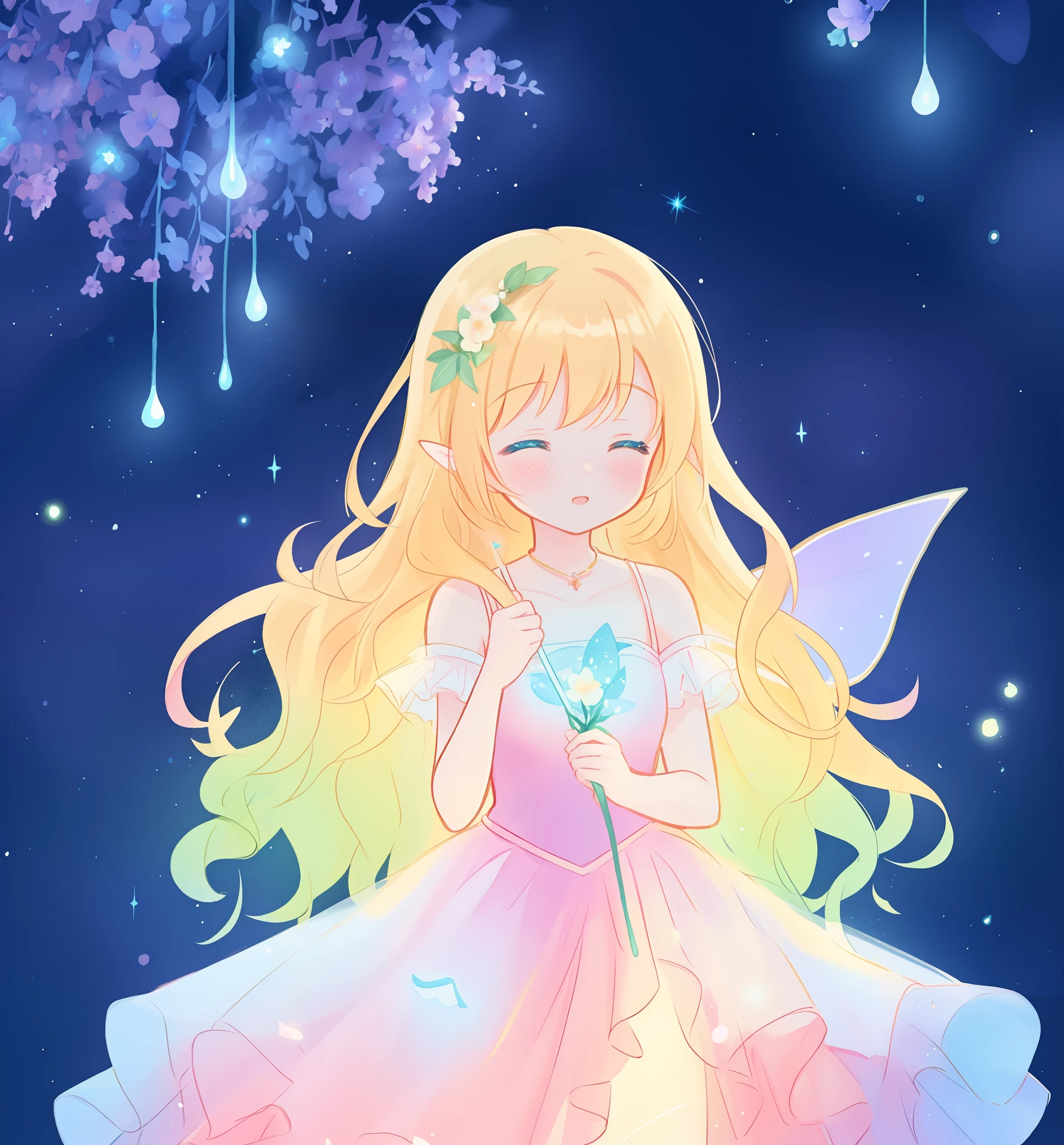 beautiful girl in flowing ballgown dress, (glowing fairy wings), glowing flowing ballgown, long wavy hair, sparkling fairy wings, watercolor illustration, flowers and colorful plants, inspired by Glen Keane, inspired by Lois van Baarle, disney art style, by Lois van Baarle, glowing aura around her, by Glen Keane, jen bartel, glowing lights! digital painting, flowing glowing hair, glowing flowing hair, beautiful digital illustration, fantasia otherworldly landscape plants flowers, beautiful, masterpiece, best quality, anime disney style