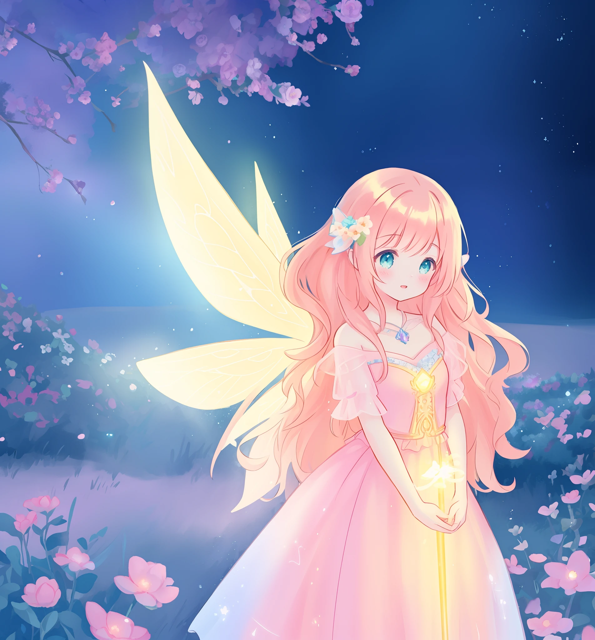 beautiful girl in flowing ballgown dress, (glowing fairy wings), glowing flowing ballgown, long wavy hair, sparkling fairy wings, watercolor illustration, flowers and colorful plants, inspired by Glen Keane, inspired by Lois van Baarle, disney art style, by Lois van Baarle, glowing aura around her, by Glen Keane, jen bartel, glowing lights! digital painting, flowing glowing hair, glowing flowing hair, beautiful digital illustration, fantasia otherworldly landscape plants flowers, beautiful, masterpiece, best quality, anime disney style