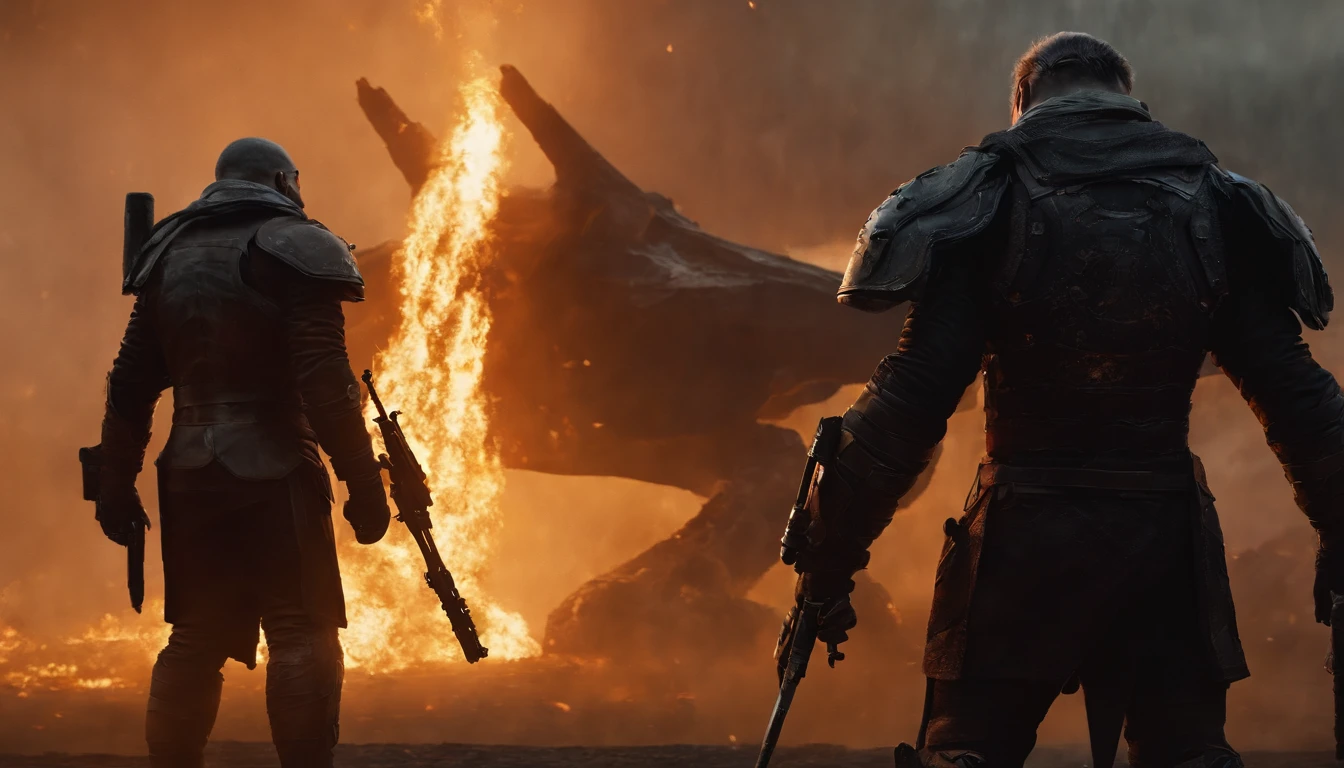 two warriors silhouettes standing in front of a massive Cerberus aggressively standing 100feet tall, located in a battlefield , concept art wallpaper 4k, sci-fi fantasy wallpaper, sci fi artwork, detailed sci-fi art, beautiful sci fi art, spaceships in the cloudy sky, concept art artwork masterpiece, concept art 4k, concept art 4 k, sci fi concept art, mystical sci-fi concept art, fire, explosions, debris, dirty